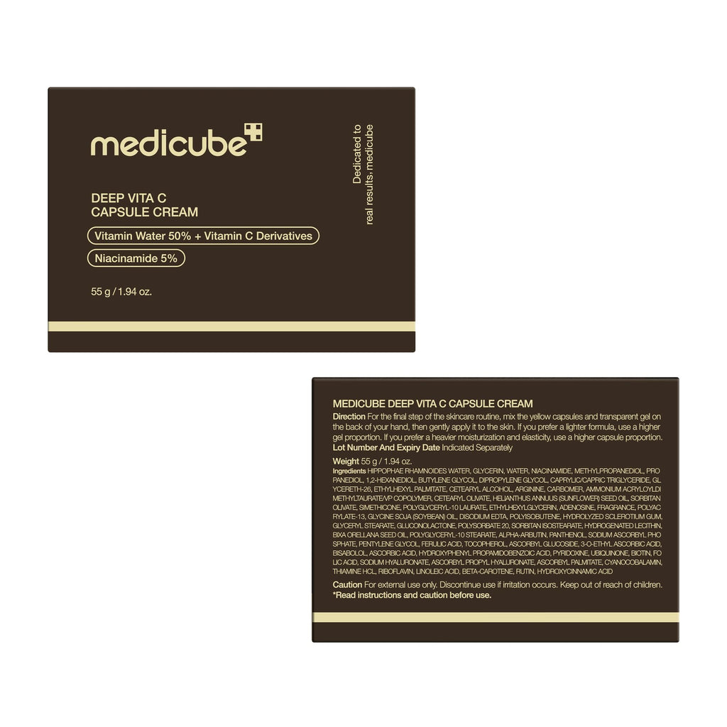Old World Hub Medicube Capsule Cream with Deep Vitamin C in golden liposome capsules, hydrating gel texture for radiant, firm skin.