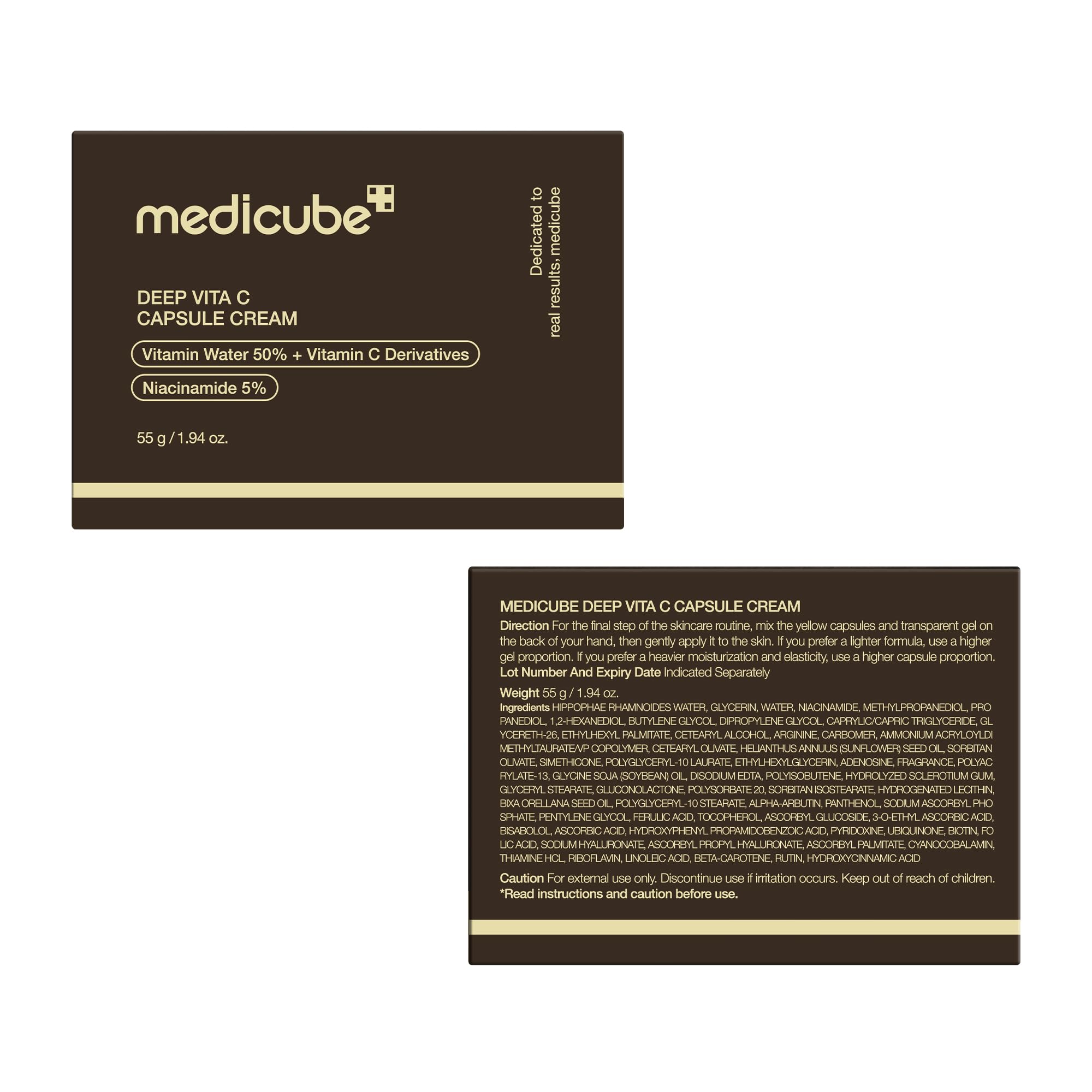 Old World Hub Medicube Capsule Cream with Deep Vitamin C in golden liposome capsules, hydrating gel texture for radiant, firm skin.