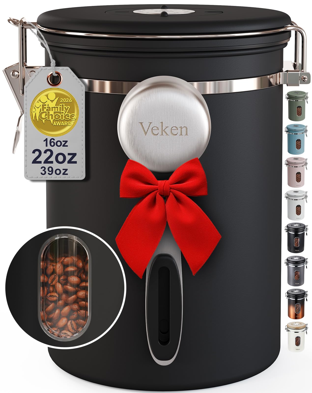 Black Veken stainless steel coffee canister with window, airtight lid, 22oz capacity, used for coffee, beans, sugar, or cereal storage.