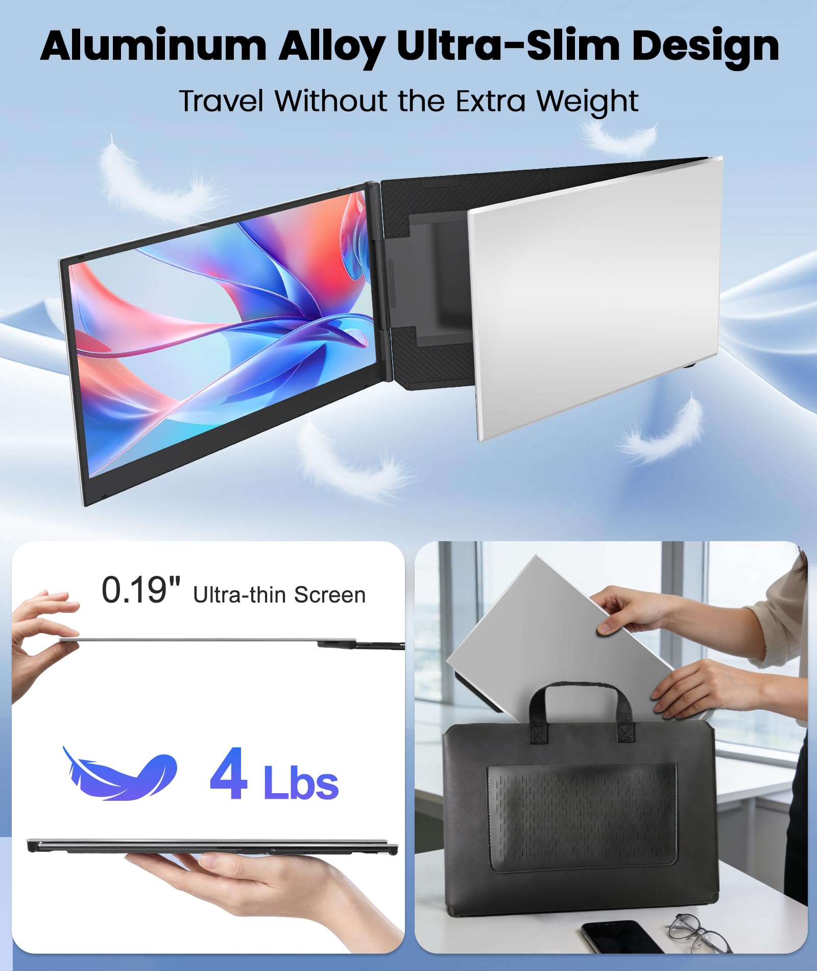 One Cable Laptop Screen Extender, 15.6” Ultra-Slim Triple Portable Monitor, 1080P FHD IPS Display, USB-C/USB-A Connection, Travel Monitor for 13–17.3" Laptops, MacOS/Windows/Android