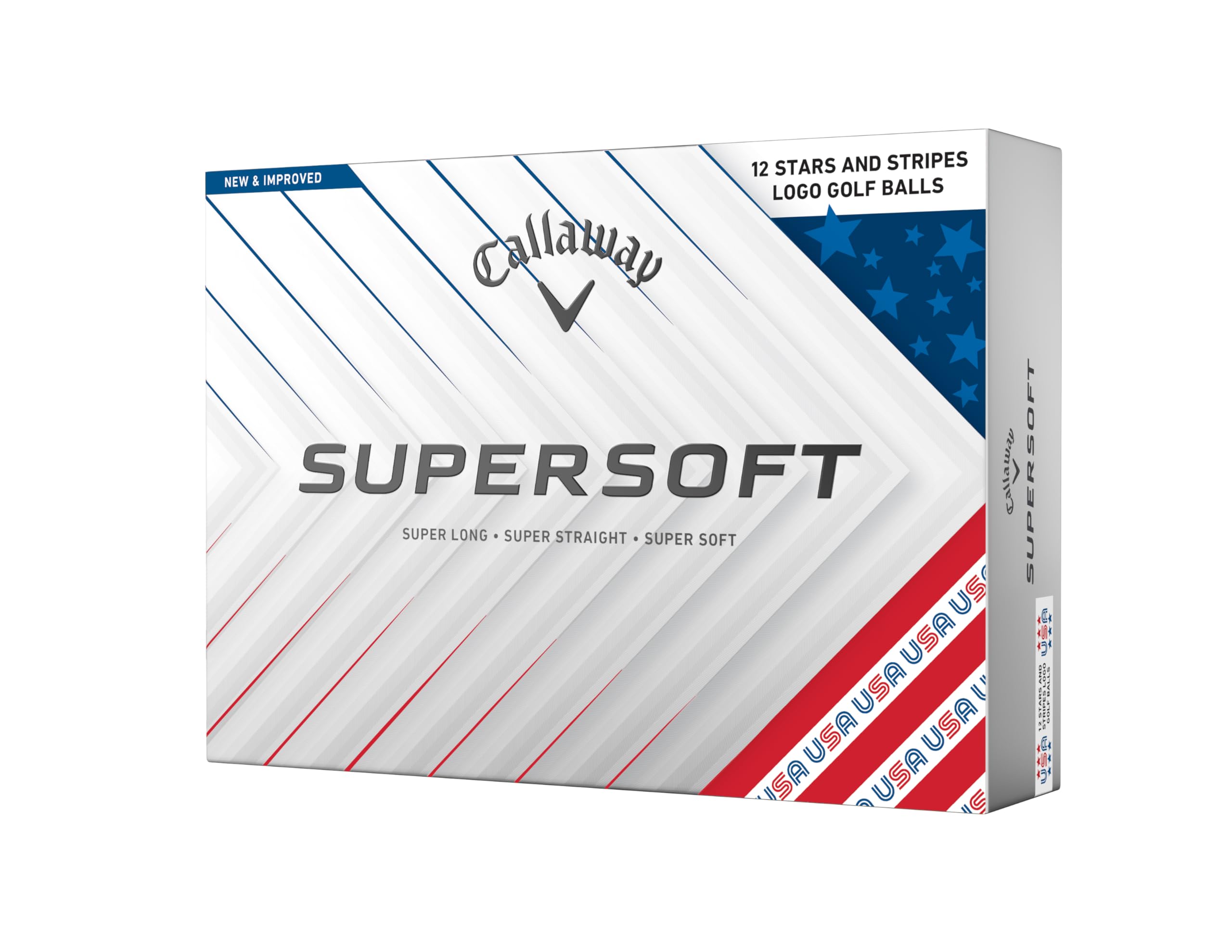 Close-up of Callaway Golf Supersoft golf balls from the 2025 line, featuring bright white balls with colorful branding.