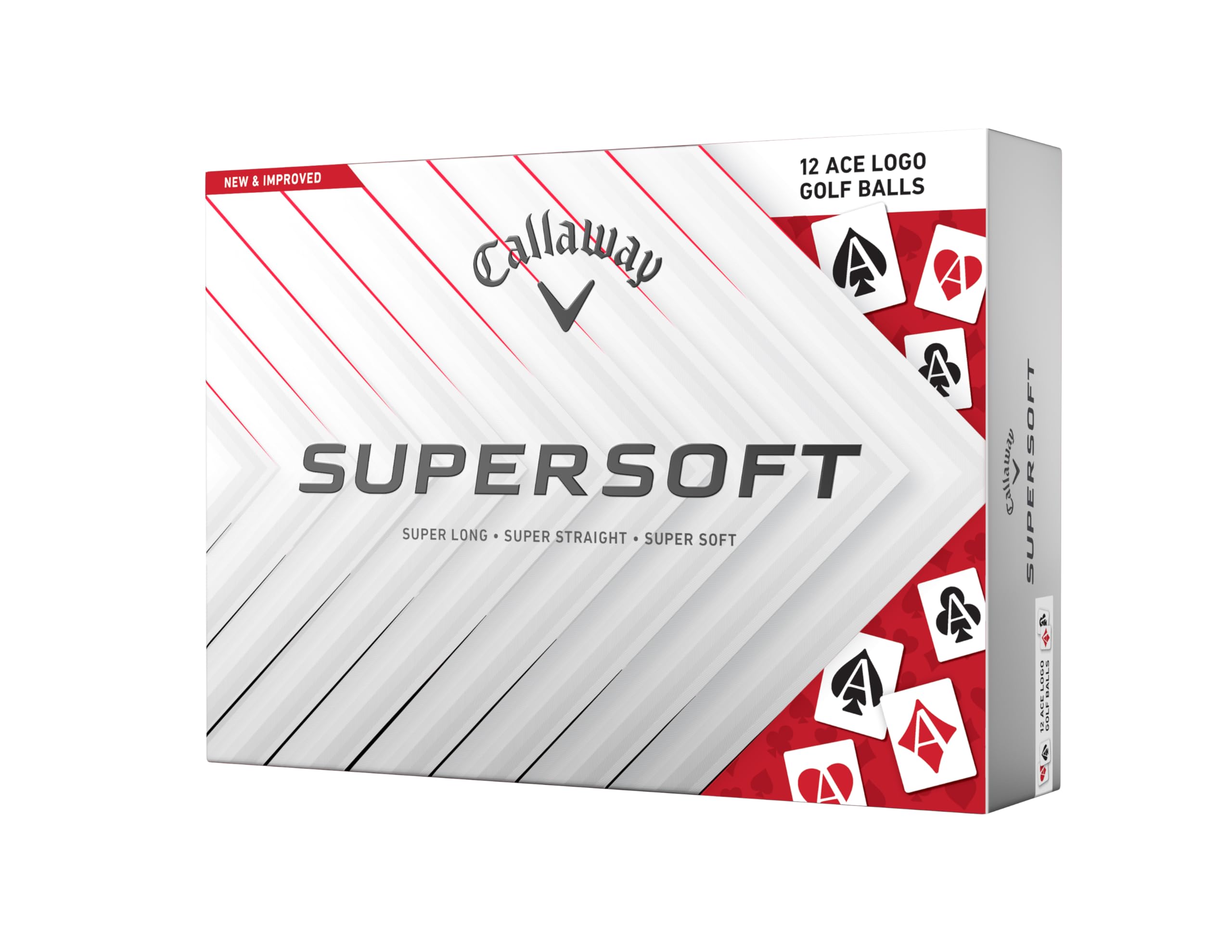 Close-up of Callaway Supersoft Golf Balls from 2025 with bright yellow design and branding on a golf course.