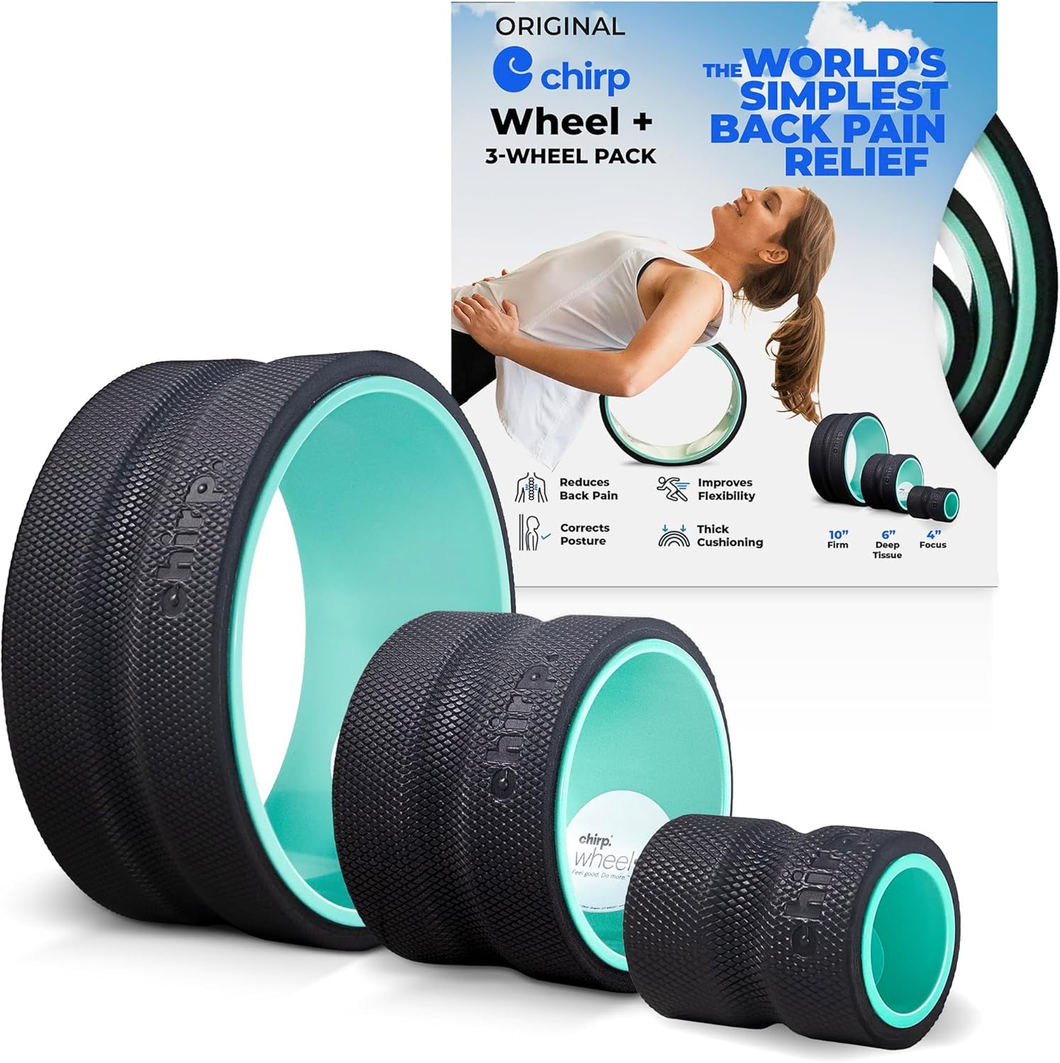 Mint green Chirp Wheel foam roller by Old World Hub for back and neck pain relief, muscle massage, stretching, and trigger point therapy.