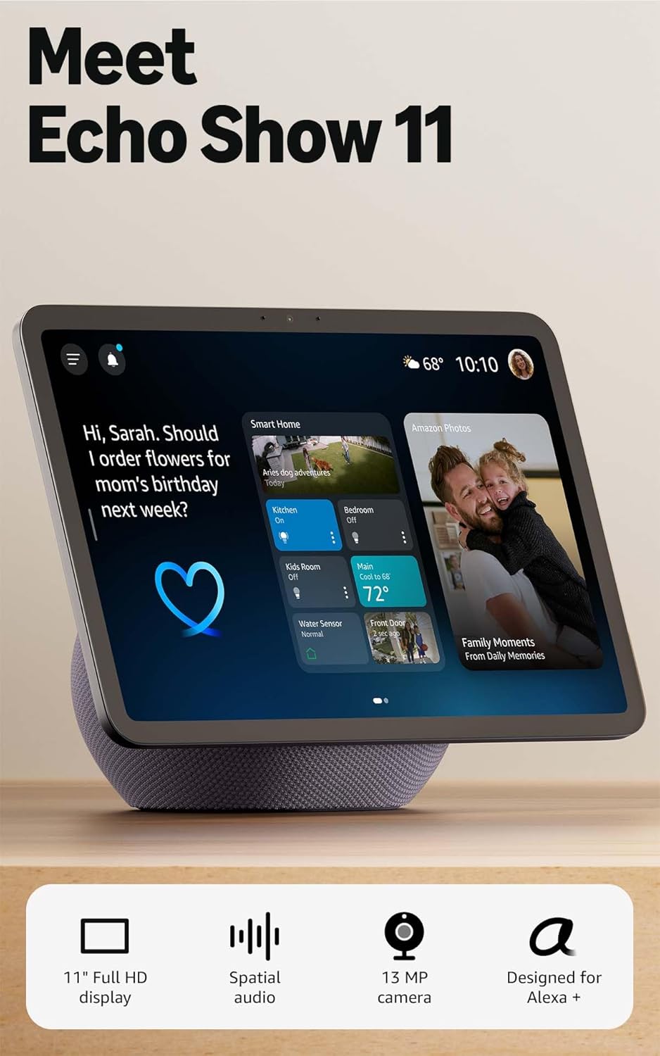 Old World Hub Amazon Echo Show 11 with vibrant Full-HD 11-inch display and spatial audio in graphite color.