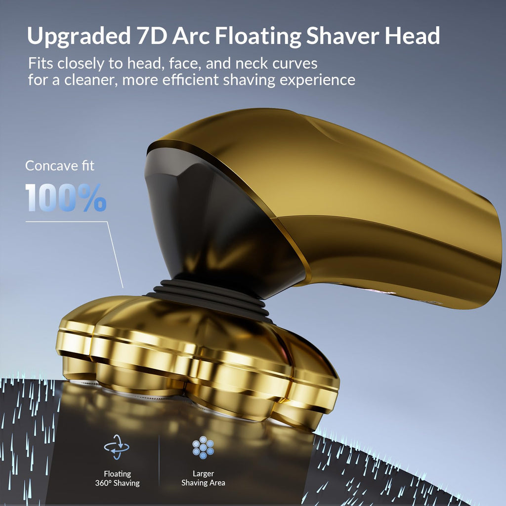 Old World Hub 7D Arc Electric Shaver for head and body, waterproof 5-in-1 razor with LED display and detachable heads in grey.
