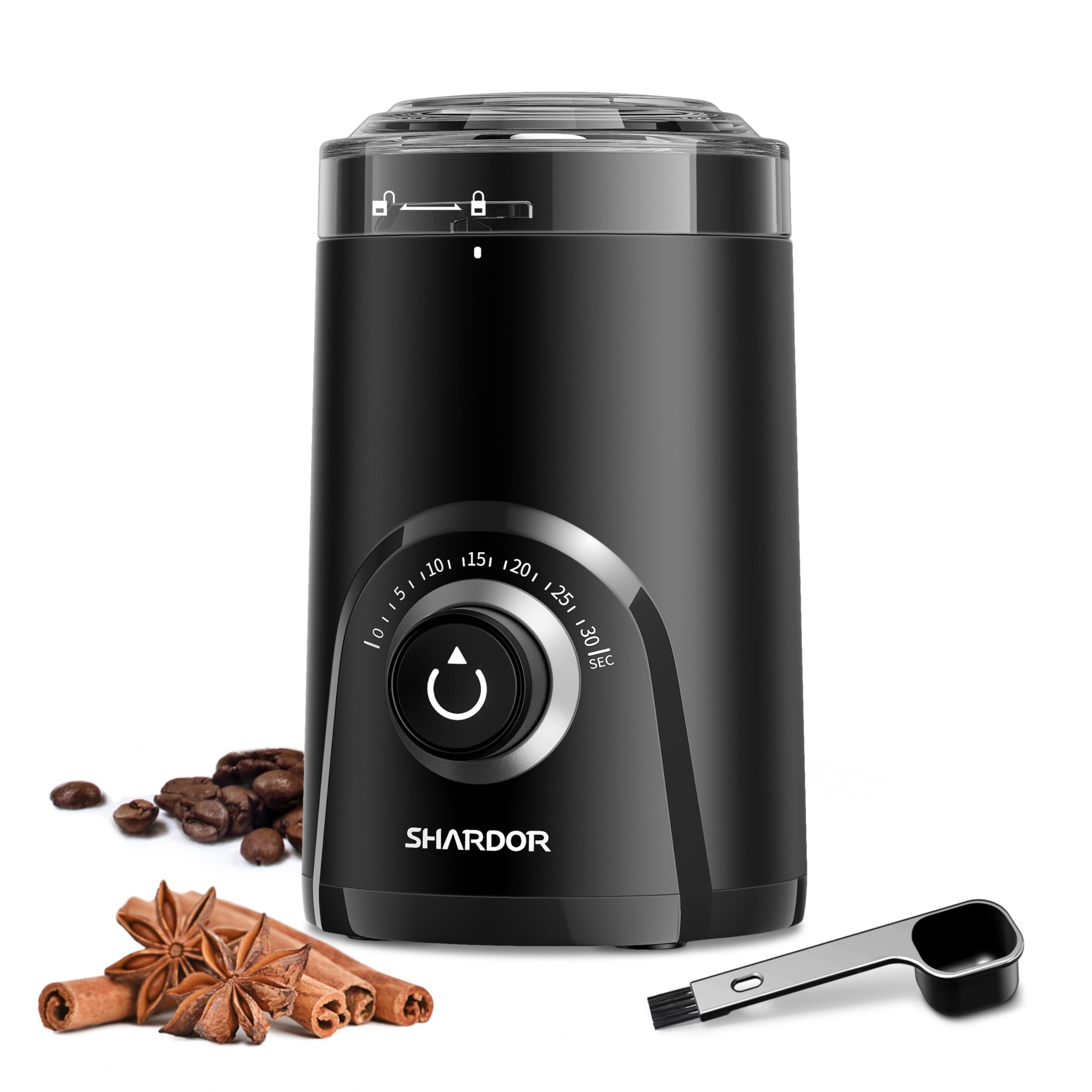 Old World Hub SHARDOR electric coffee grinder with silent blades, adjustable grind control for coffee beans, spices, and herbs in black.