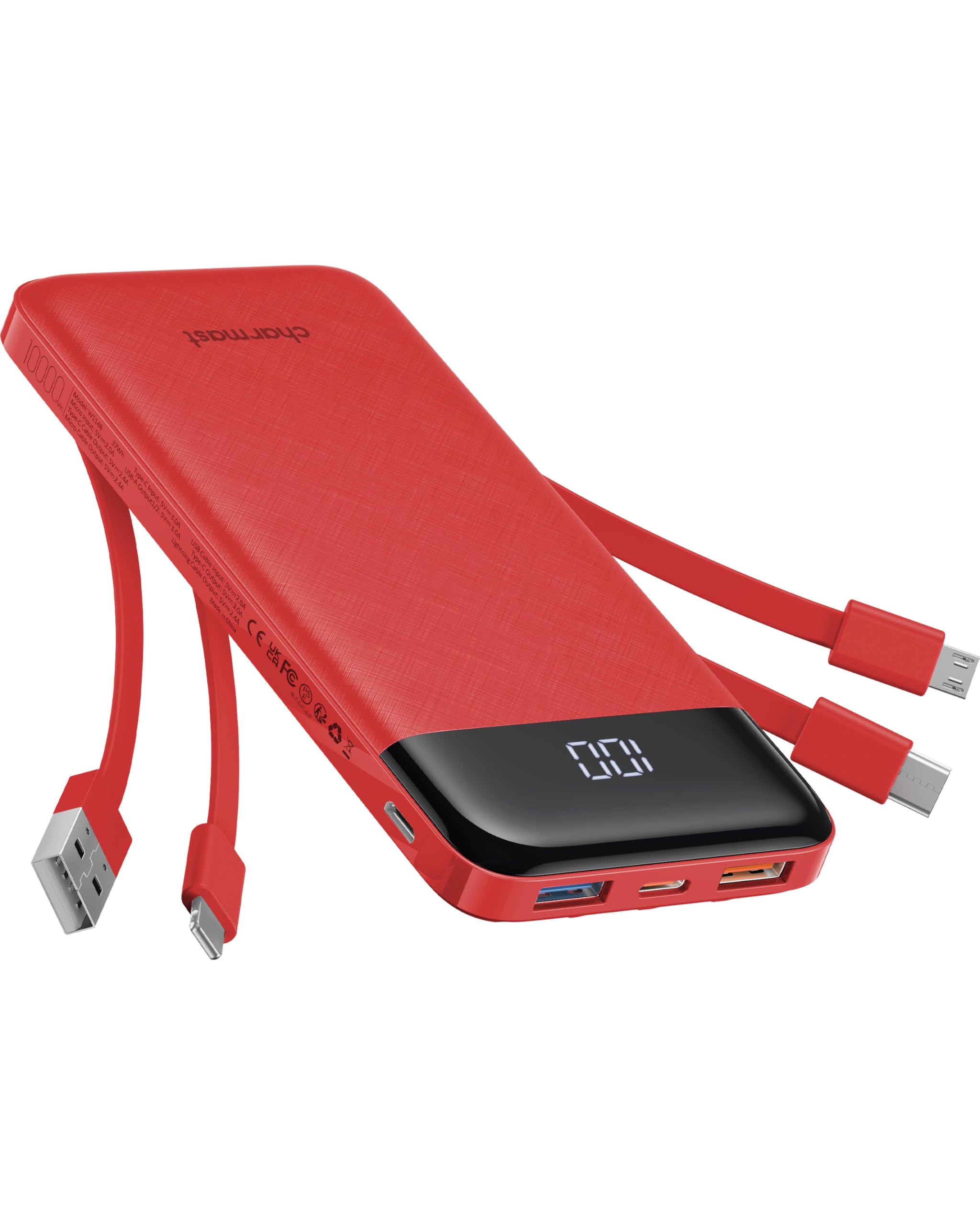Old World Hub Charmast portable 10000mAh power bank with built-in cables, multiple outputs, and fast charging for smartphones and tablets.