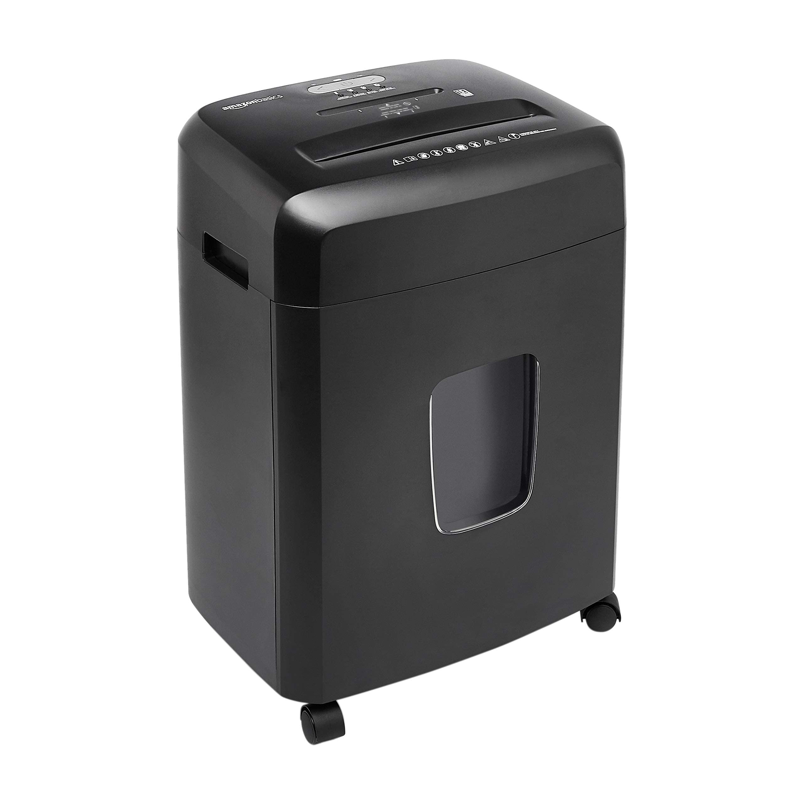 Old World Hub Amazon Basics 8-sheet cross cut shredder in black, featuring P-4 security, auto shut-off, for secure paper and credit card shredding.