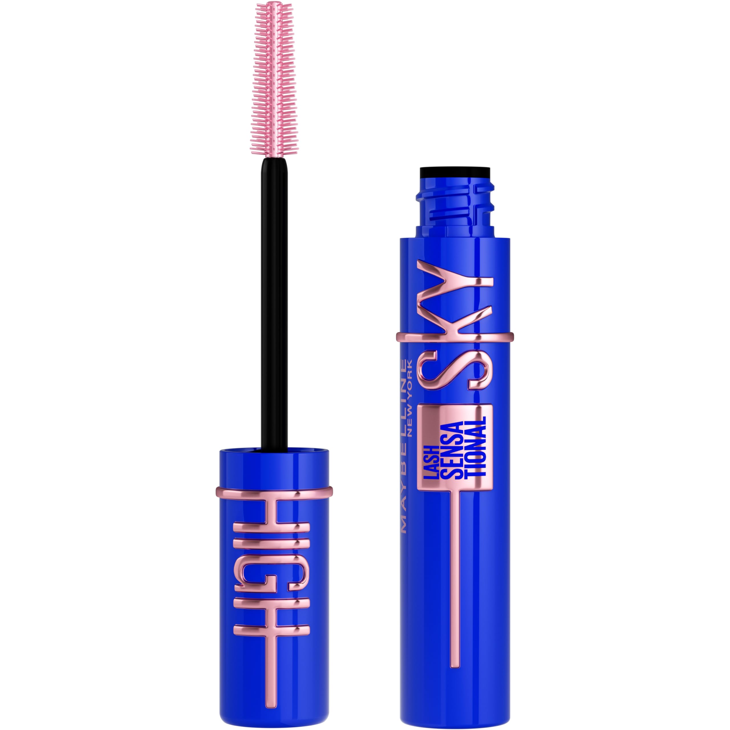 Maybelline Lash Sensational Sky High washable mascara with volumizing, lengthening, and curling black formula on a brush.