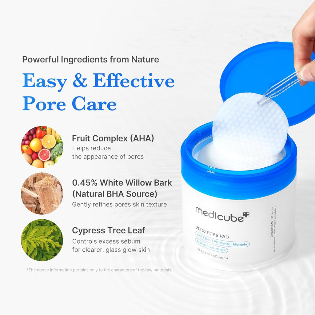 Old World Hub medicube Toner Pads Zero Pore Pad 2.0 with dual-texture facial pads for exfoliation and pore care, containing AHA and BHA.