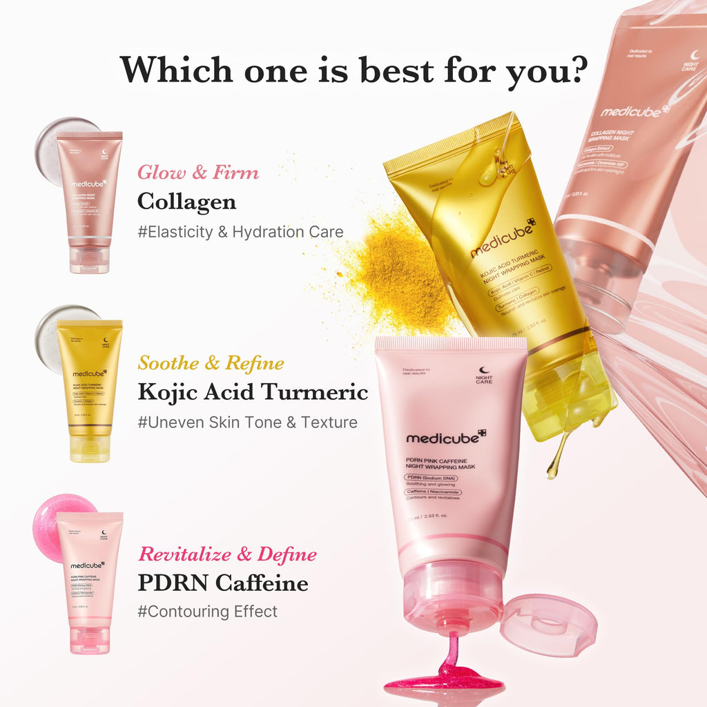 Medicube Collagen Wrapping Mask for overnight facial peel-off, boosting skin elasticity, hydration, and glow with hydrolyzed collagen.