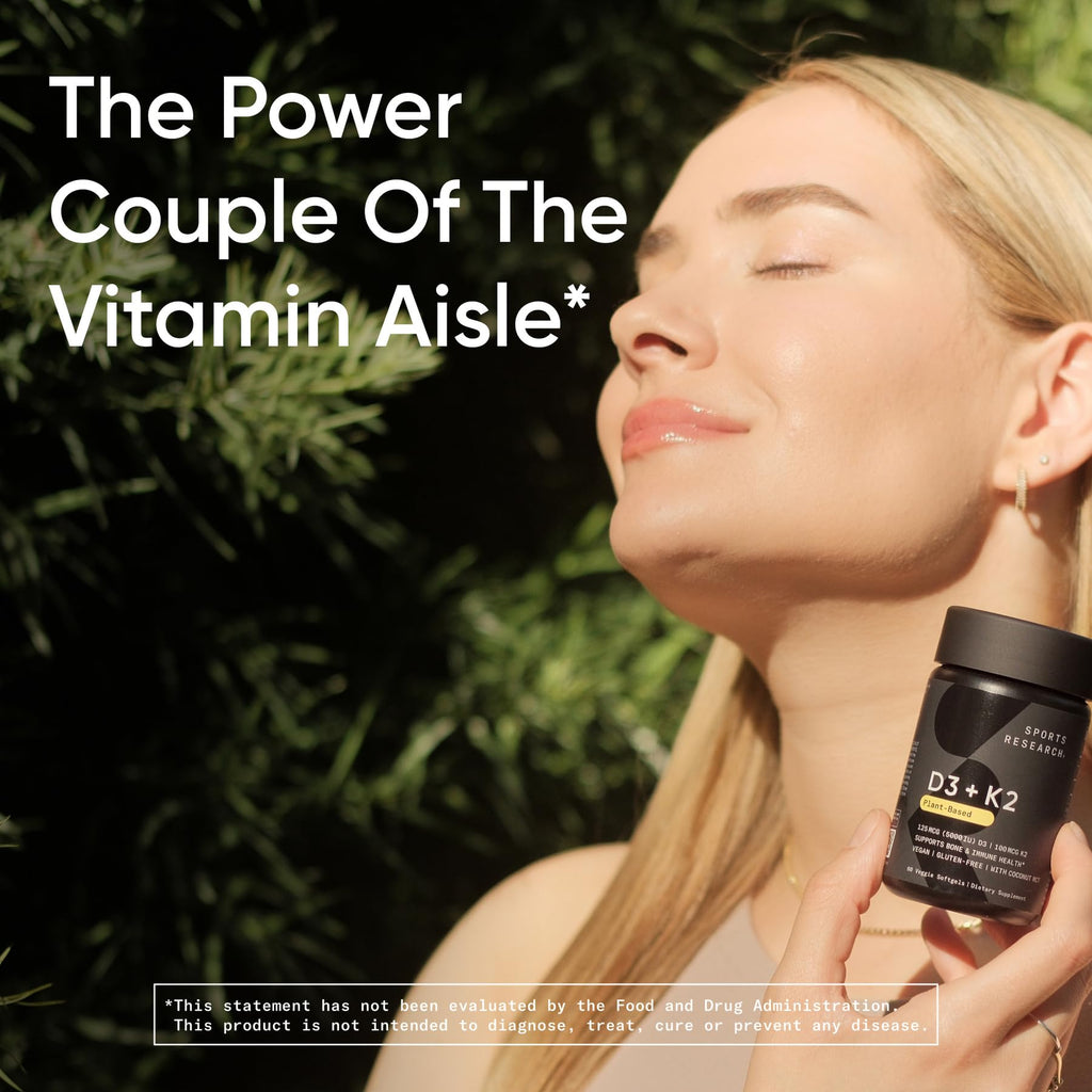 Vegan Sports Research Vitamin D3 + K2 softgels with coconut oil, supporting bones and immune health, 60 softgels.