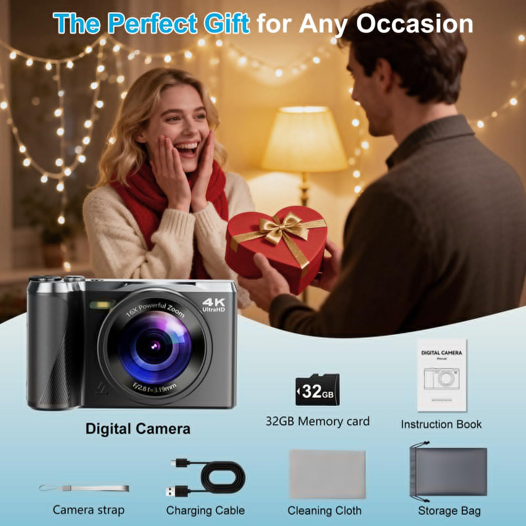 4K Digital Camera for Photography & Travel, 56MP Autofocus Vlogging Camera with 3" 180° Flip Screen, 16X Zoom, Compact Point and Shoot Camera for Beginners and Teens, 32GB Card Included