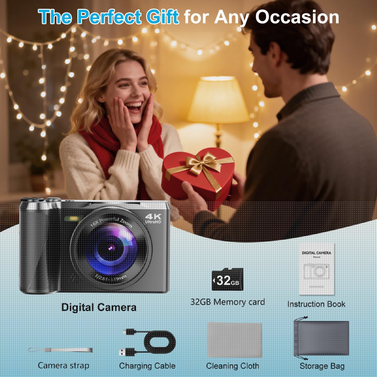 4K Digital Camera for Photography & Travel, 56MP Autofocus Vlogging Camera with 3" 180° Flip Screen, 16X Zoom, Compact Point and Shoot Camera for Beginners and Teens, 32GB Card Included