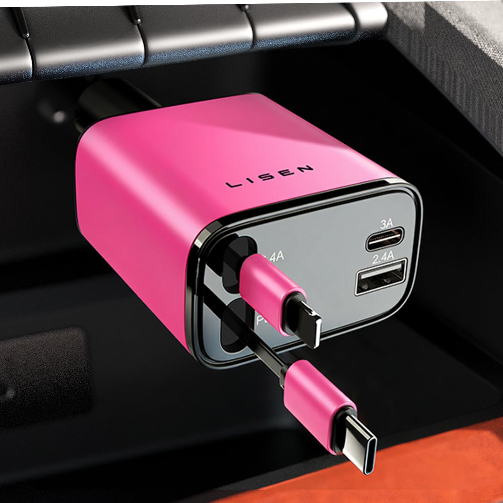 Old World Hub LISEN retractable car charger with USB-C and USB ports, compact travel car adapter for iPhone and Samsung devices.