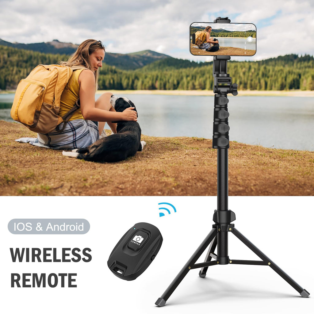Liphisy 64-inch tripod for phones and cameras with remote, adjustable height, multi-angle shot, sturdy stand for video recording