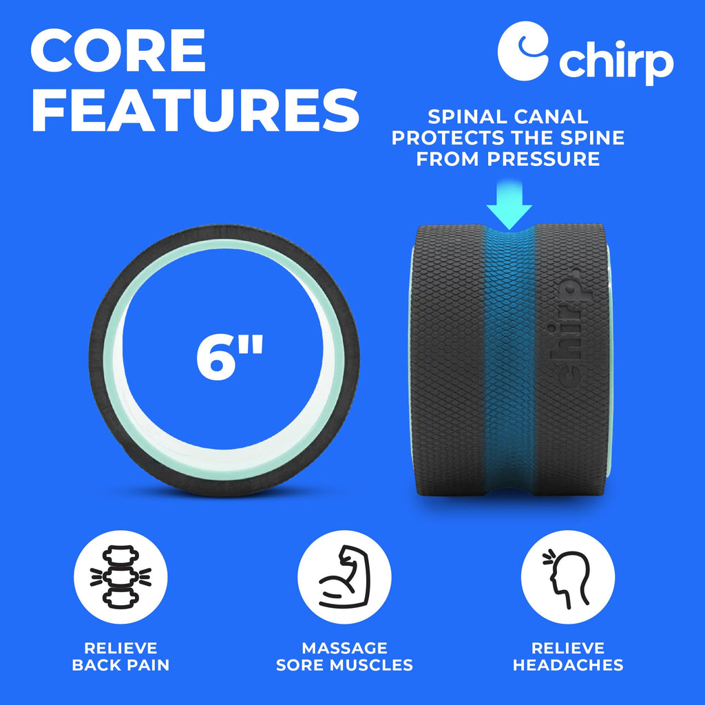 Mint green Chirp Wheel foam roller by Old World Hub for back and neck pain relief, muscle massage, and stretching exercises.