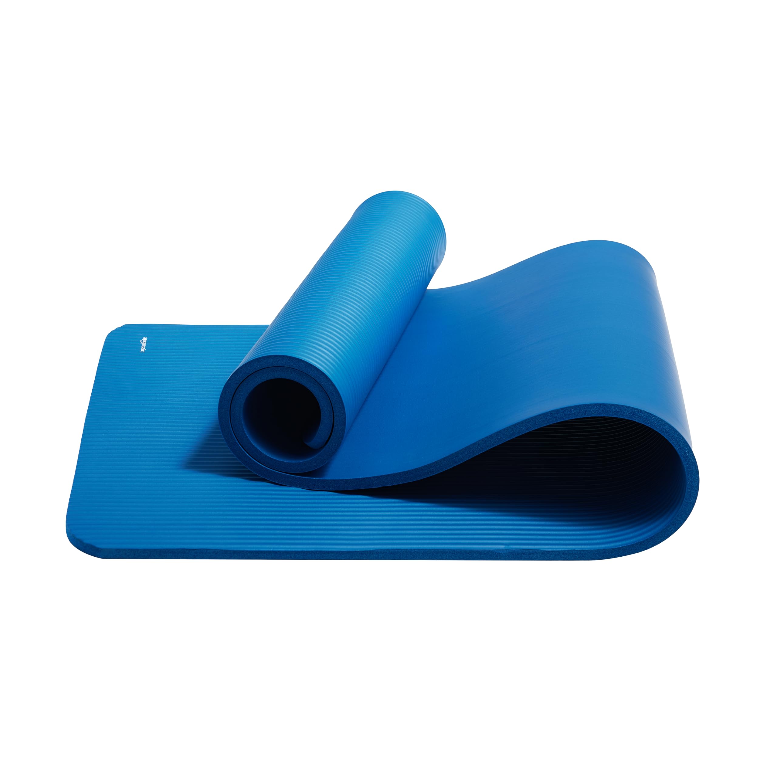 Old World Hub Amazon Basics extra thick exercise yoga mat with carrying strap, showing textured surface and rolled-up design.