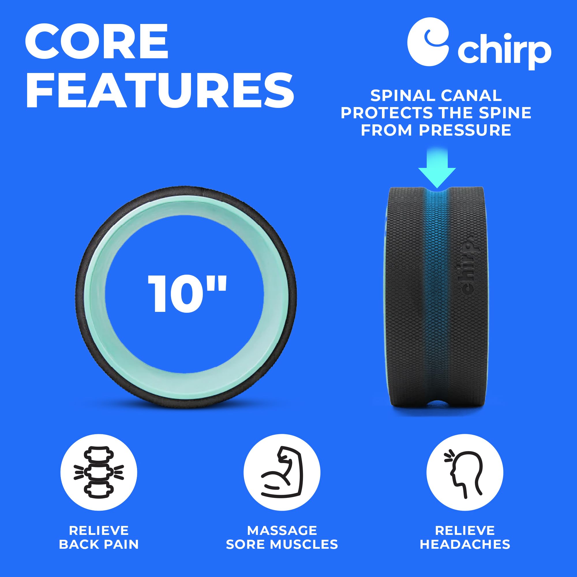 Mint Chirp Wheel foam roller by Old World Hub for back and neck pain relief, muscle massage, stretching, and trigger point therapy.