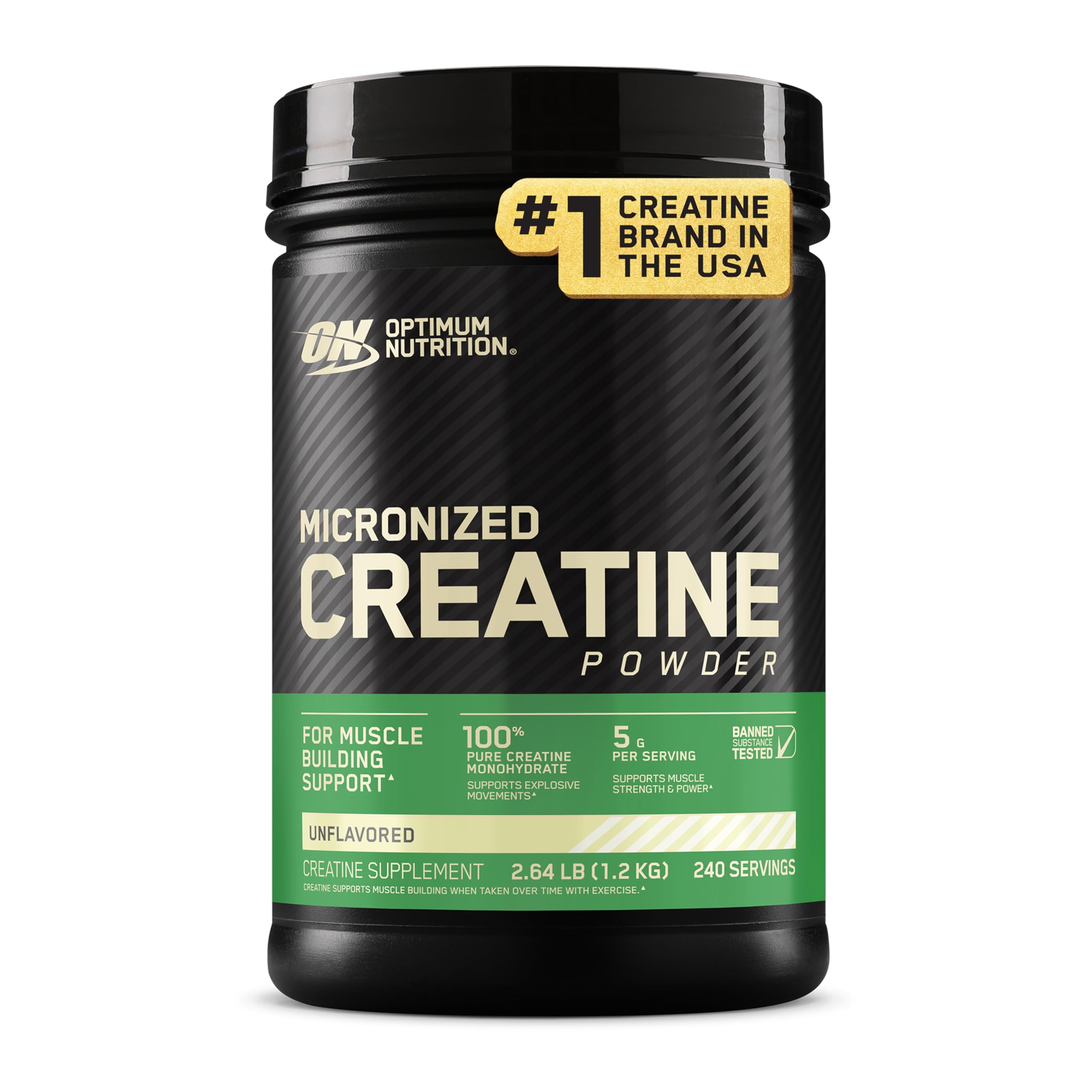 Container of Old World Hub Optimum Nutrition Micronized Creatine Monohydrate powder, unflavored, 300g with 60 servings.