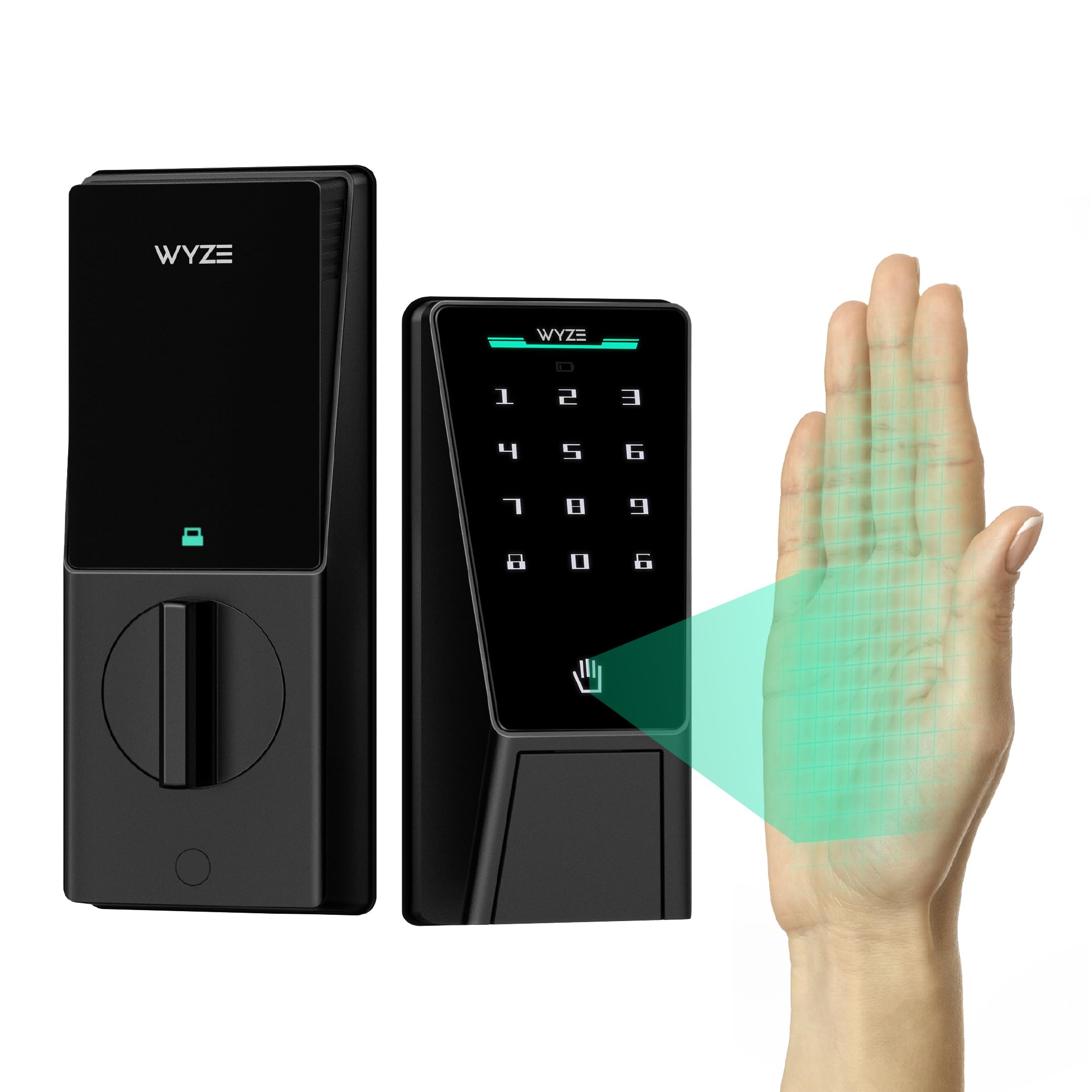 Old World Hub Wyze Palm Lock with keypad, biometric palm vein recognition, keyless entry, Wi-Fi, and auto lock for front door.