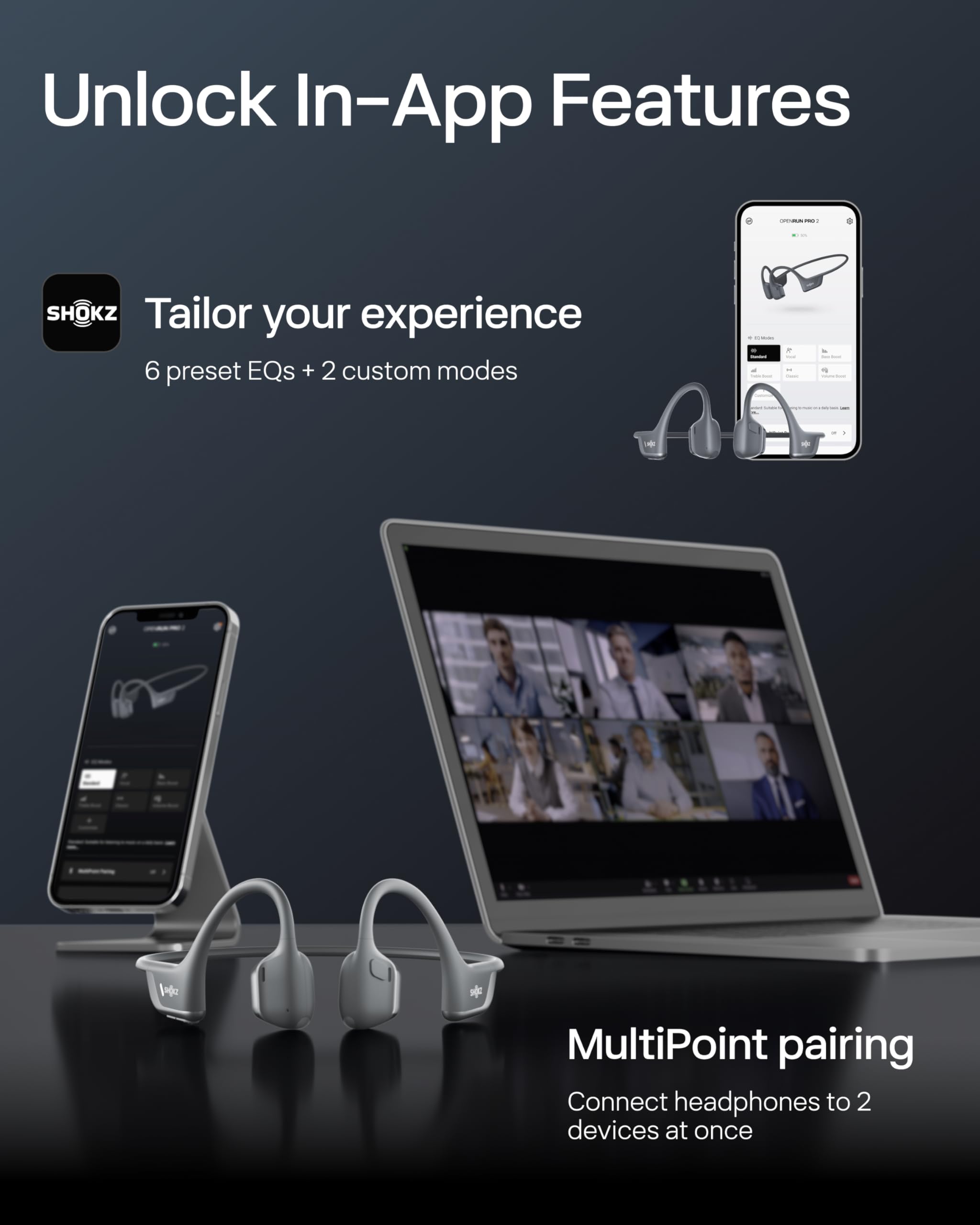 SHOKZ OpenRun Pro 2 bone conduction headphones with open-ear design, wireless sport earphones with reflective strip and secure fit.