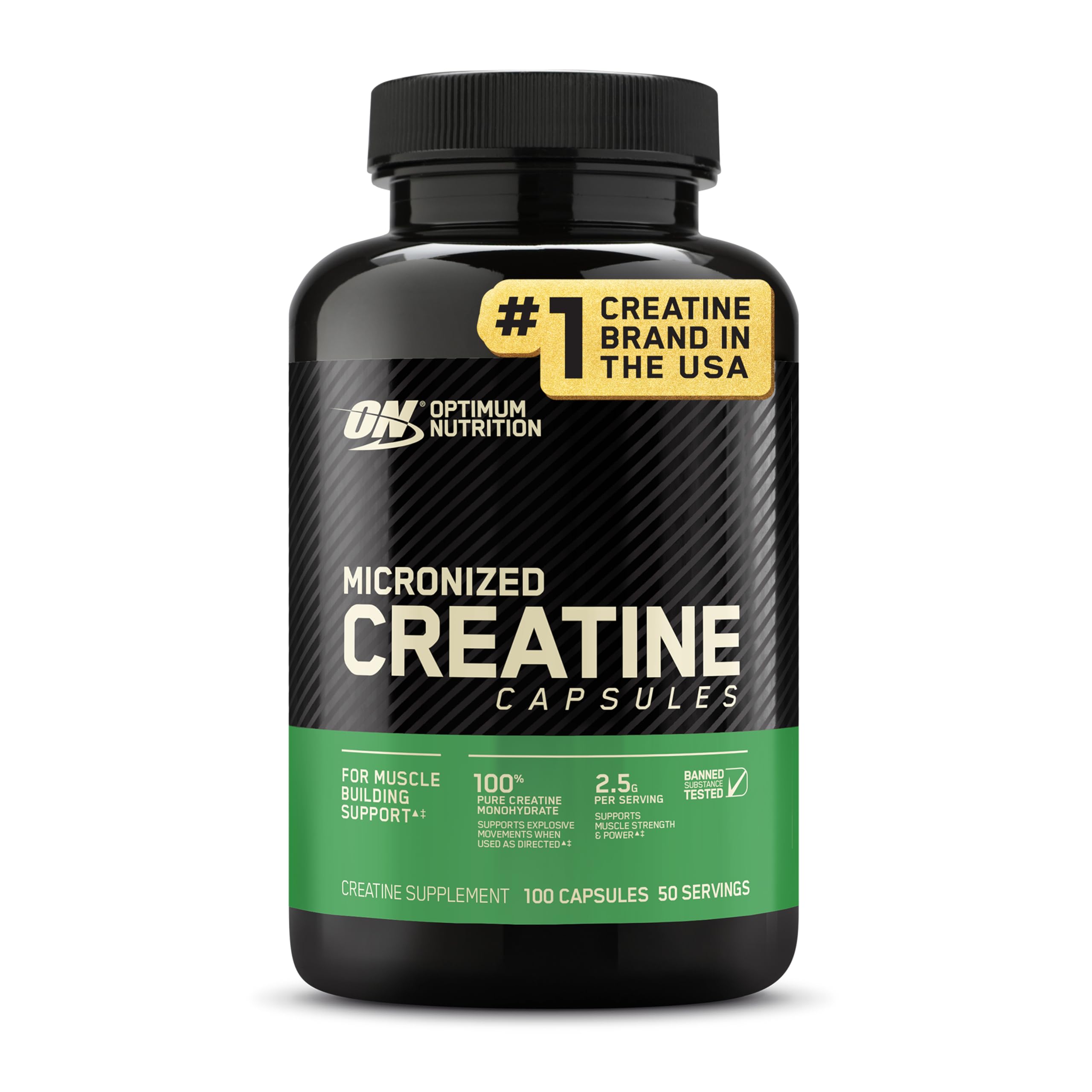 Optimum Nutrition micronized creatine monohydrate powder in unflavored form, 300g with 60 servings, shown in packaging.