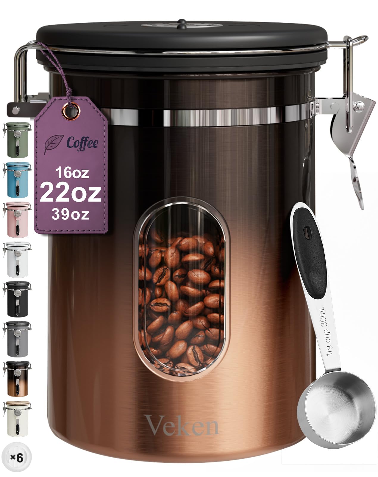 Black Veken coffee canister with window, airtight stainless steel storage for coffee, tea, sugar, rice, and pantry organization.