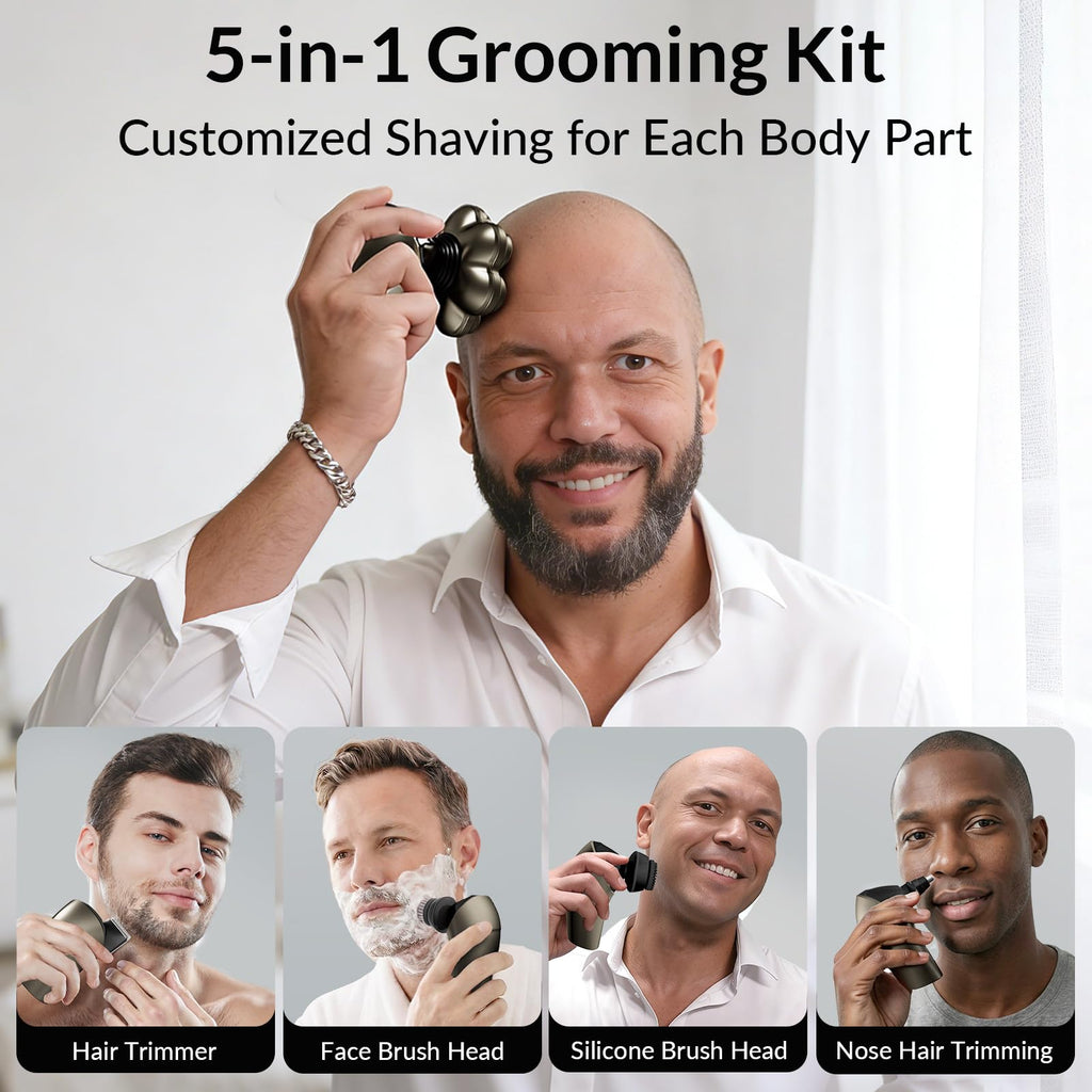 Old World Hub 7D Arc Electric Shaver for head and body, waterproof 5-in-1 razor with LED display and rechargeable design in grey.