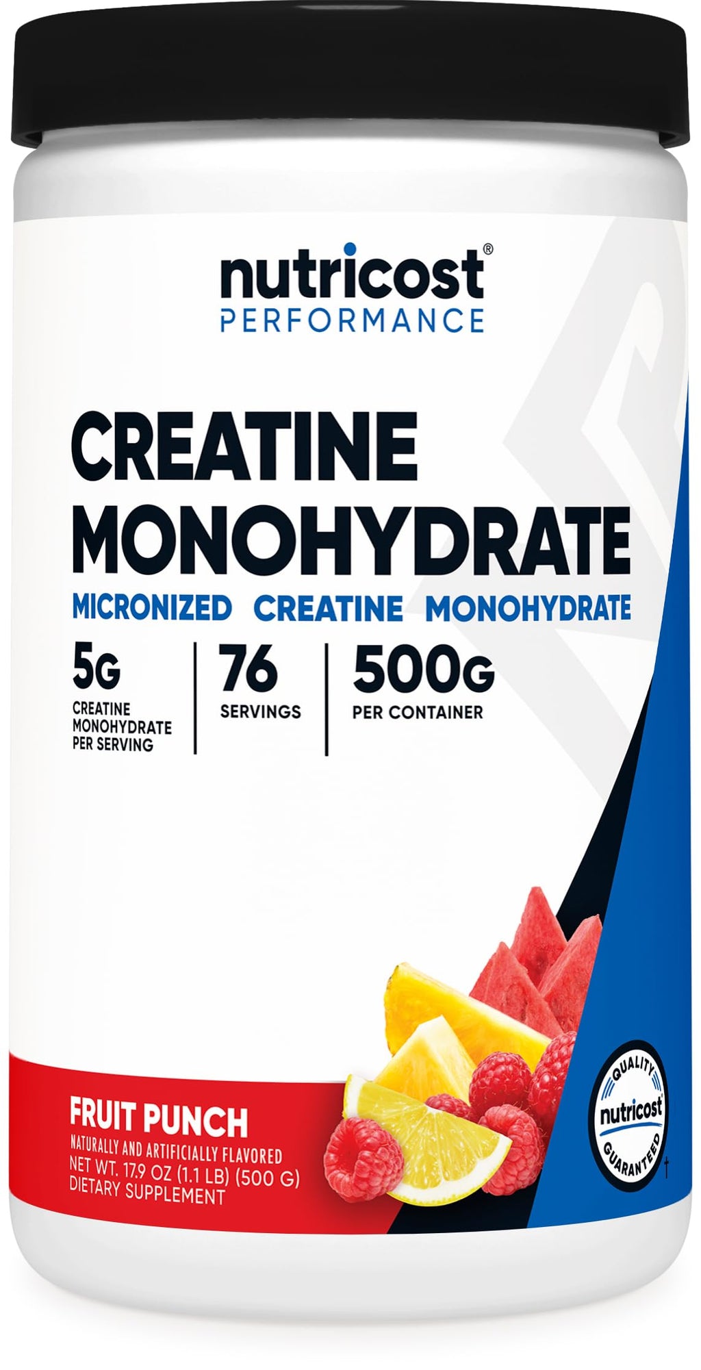Container of Nutricost Creatine Monohydrate Micronized Powder in a 17.9 oz jar, showing the label and scoop with powder inside.