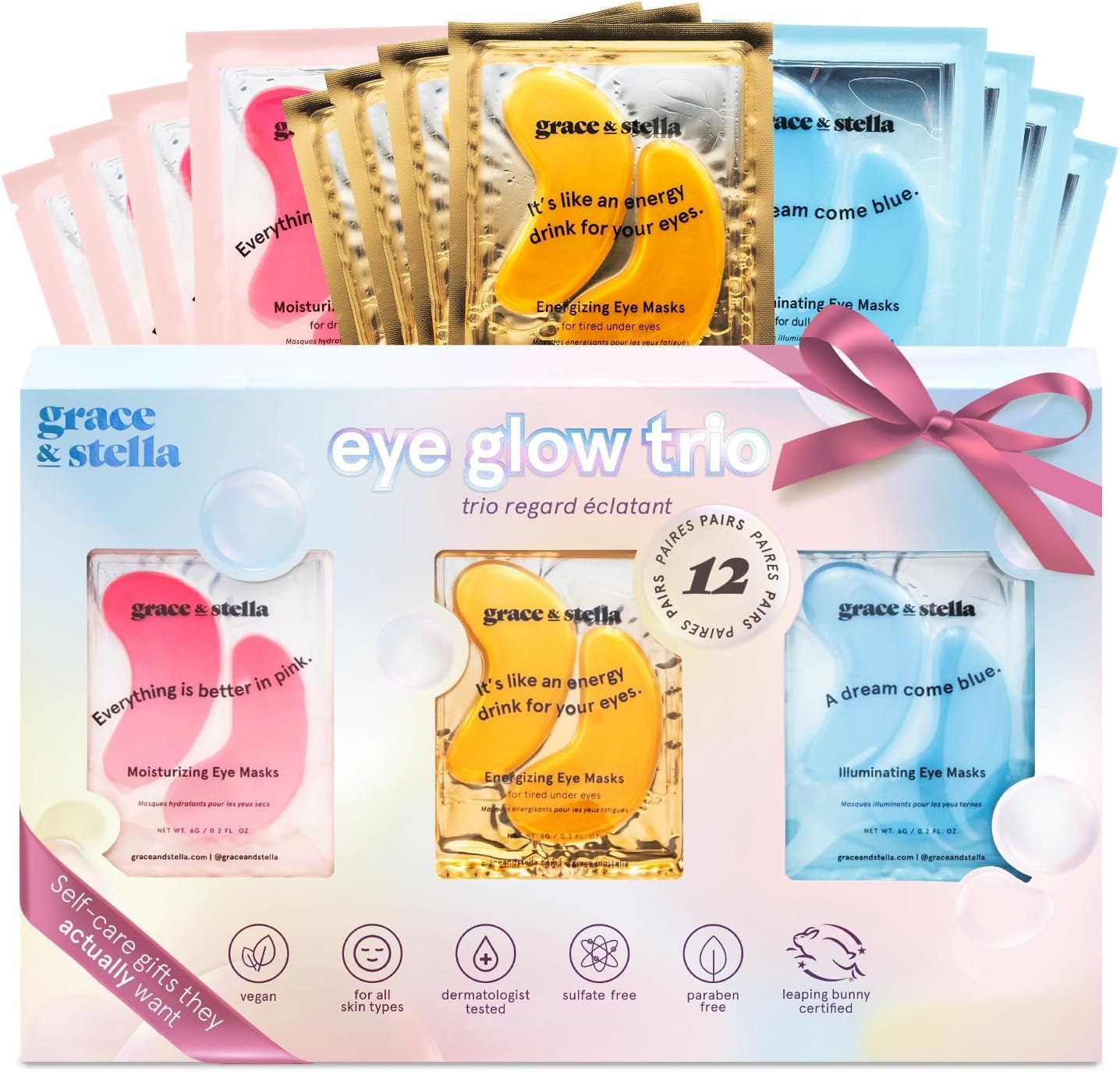 Old World Hub Grace & Stella gold under eye masks for dark circles, puffiness, and under eye bags, 24 pairs of vegan gel patches.