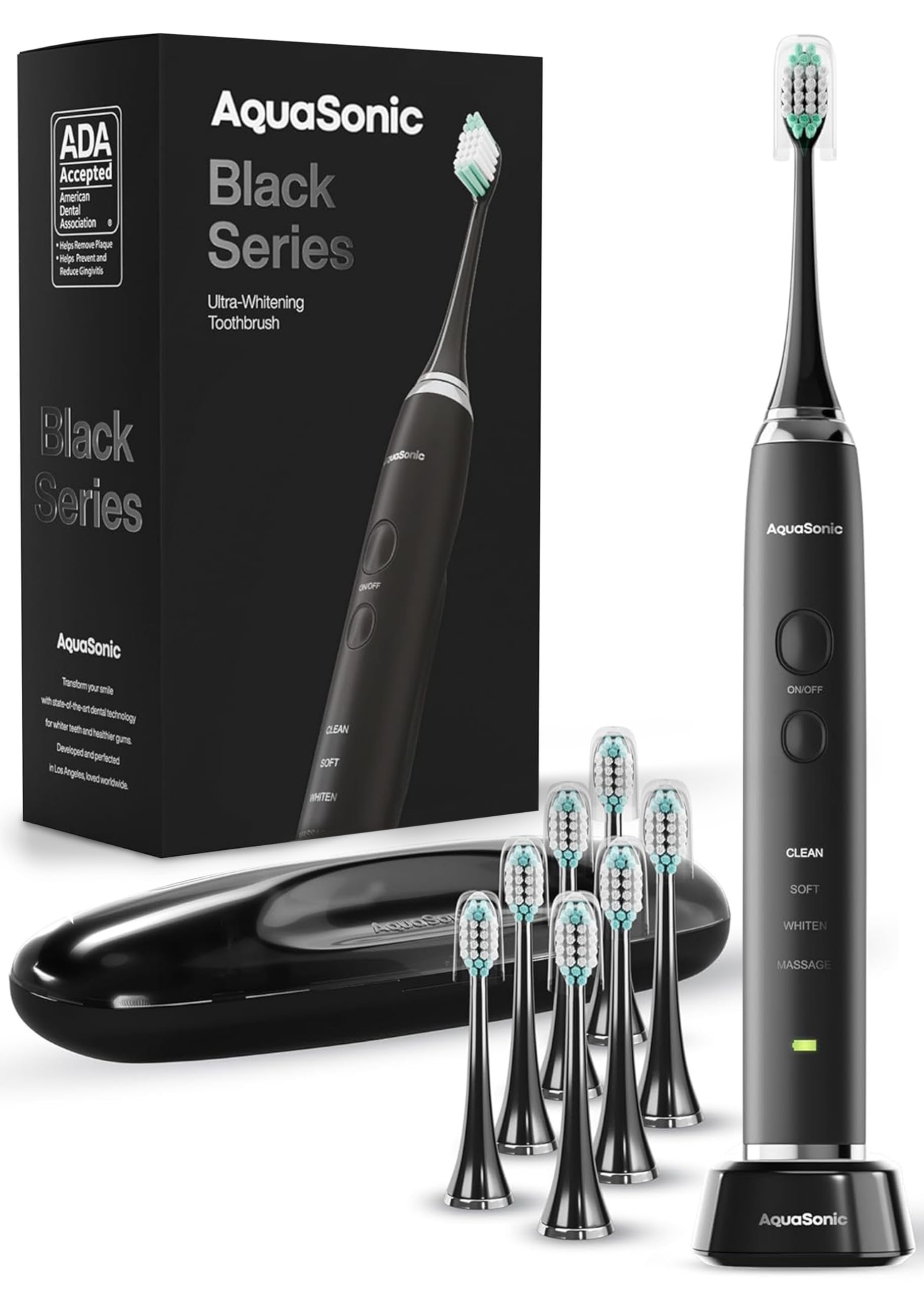 Old World Hub Aquasonic Black Series electric toothbrush with 8 brush heads, travel case, and four cleaning modes.