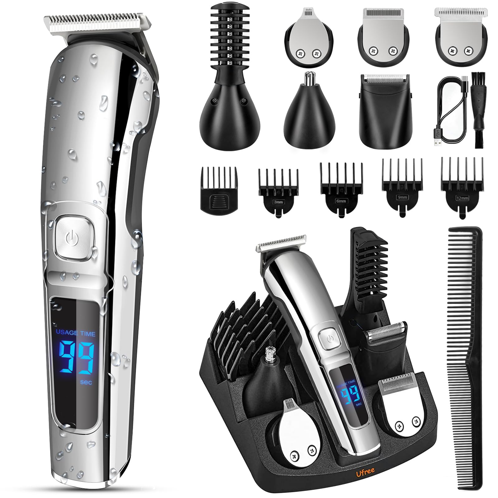 Old World Hub Ufree waterproof beard trimmer for men, cordless electric shaver for face, nose, body, and mustache grooming.