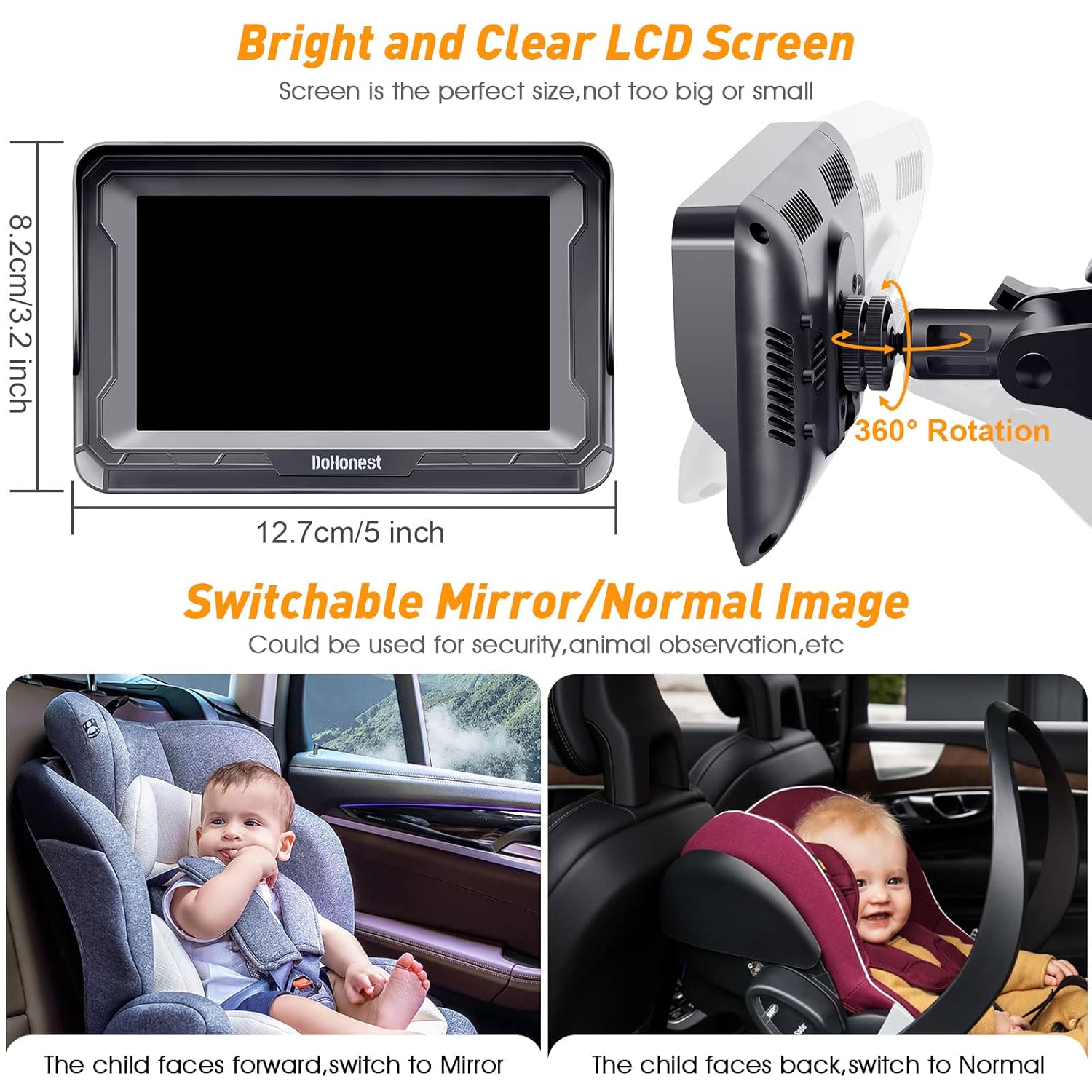 Old World Hub DoHonest Baby Car Camera HD 1080P rear-facing monitor with night vision, adjustable view, and anti-glare display for kids safety.