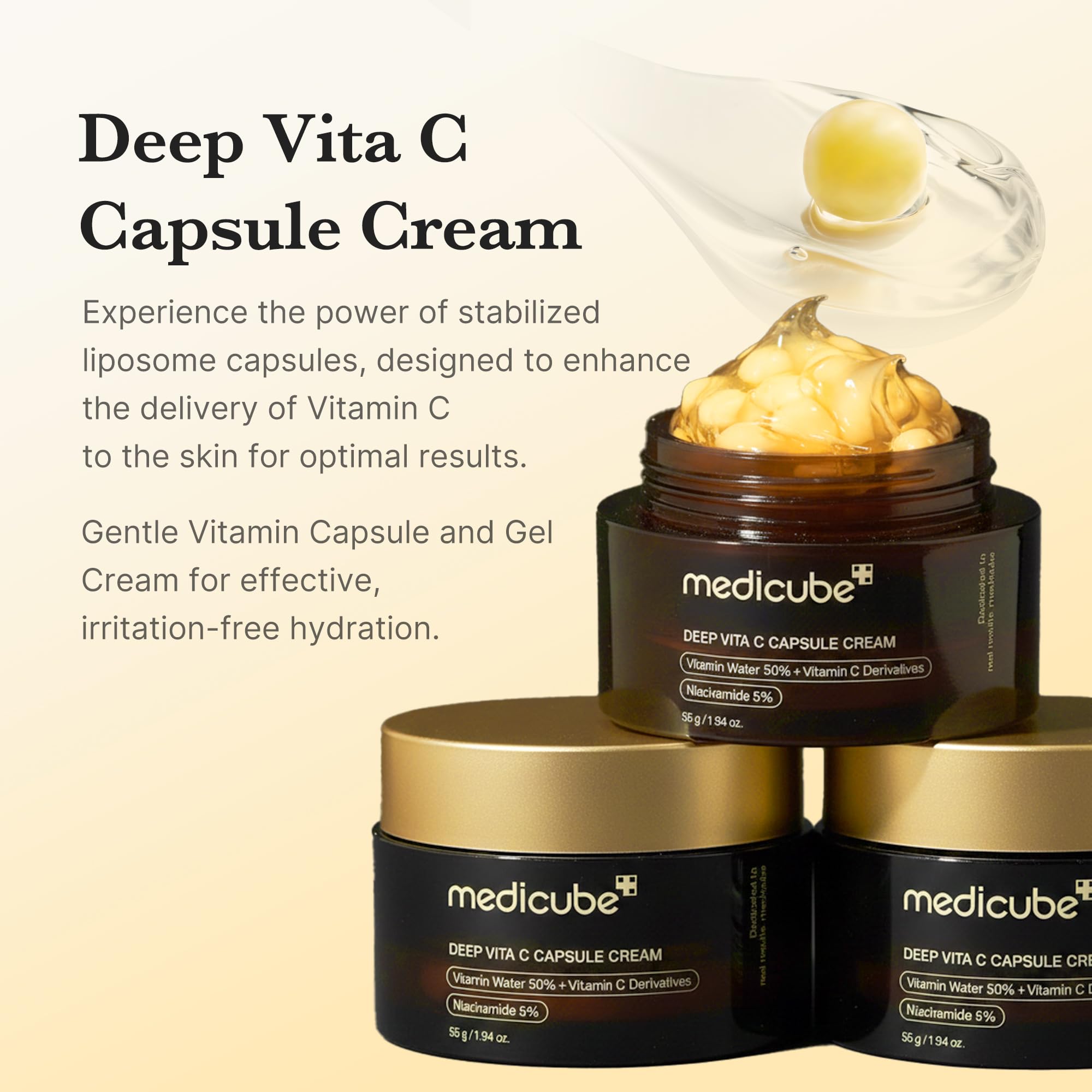 Medikube Capsule Cream with Deep Vitamin C and liposome capsules for radiant, firm skin; hydrating gel texture, Korean skincare.