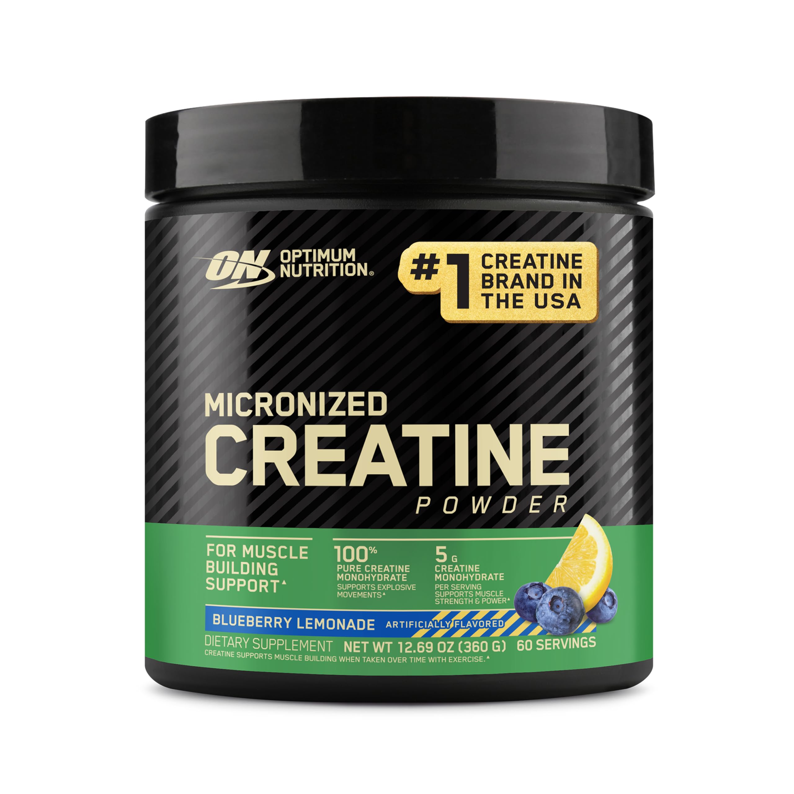 Optimum Nutrition Micronized Creatine Monohydrate powder in unflavored form, 300 grams for 60 servings, shown in packaging.