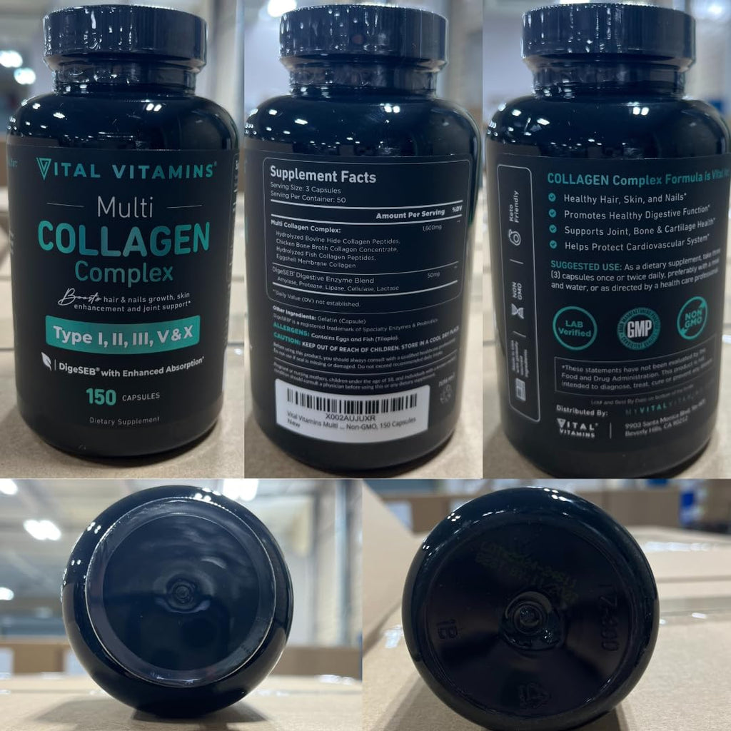 Vital Vitamins Multi Collagen Capsules by Old World Hub, grass-fed collagen peptides supplement for men and women, 150 capsules.