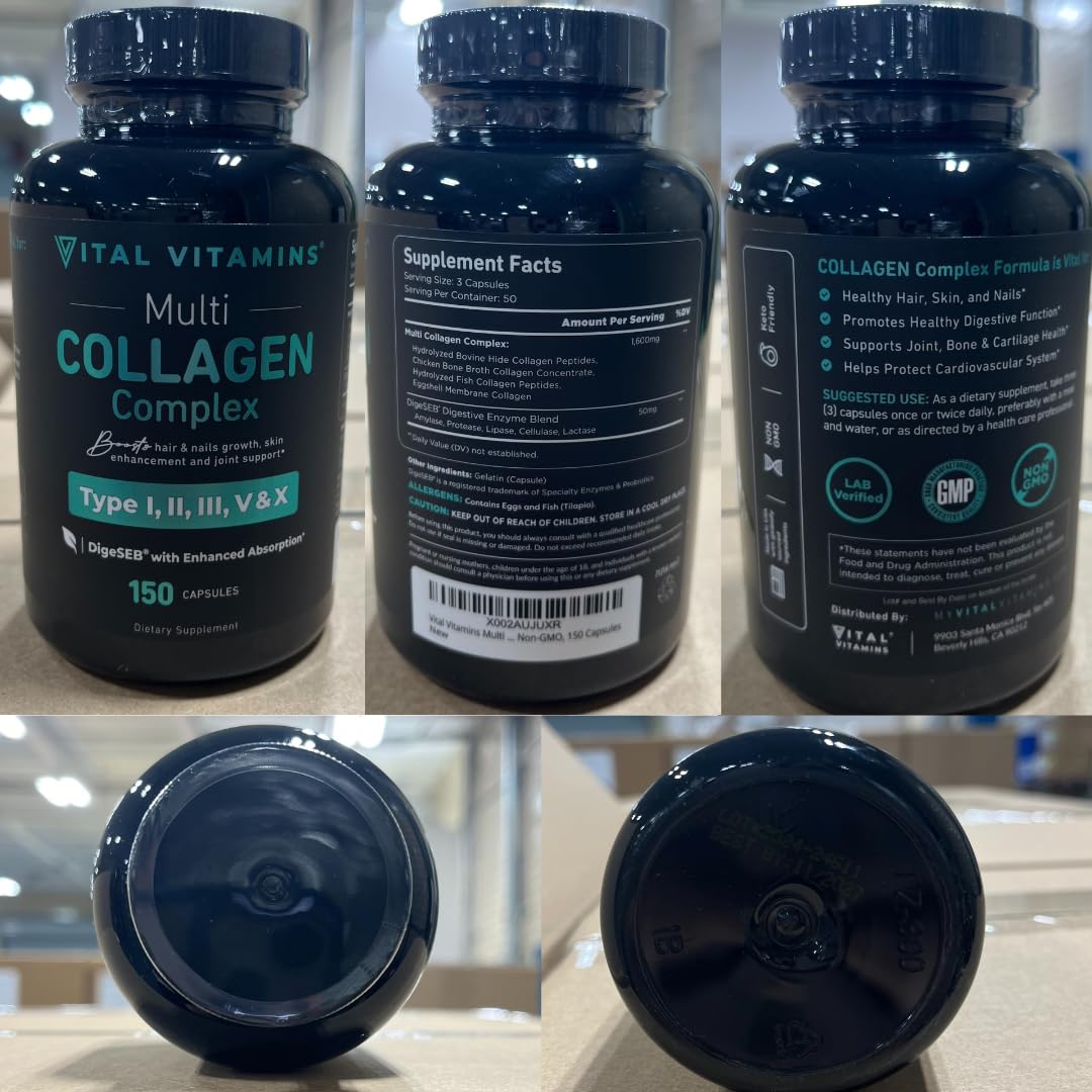Vital Vitamins Multi Collagen Capsules by Old World Hub, grass-fed collagen peptides supplement for men and women, 150 capsules.