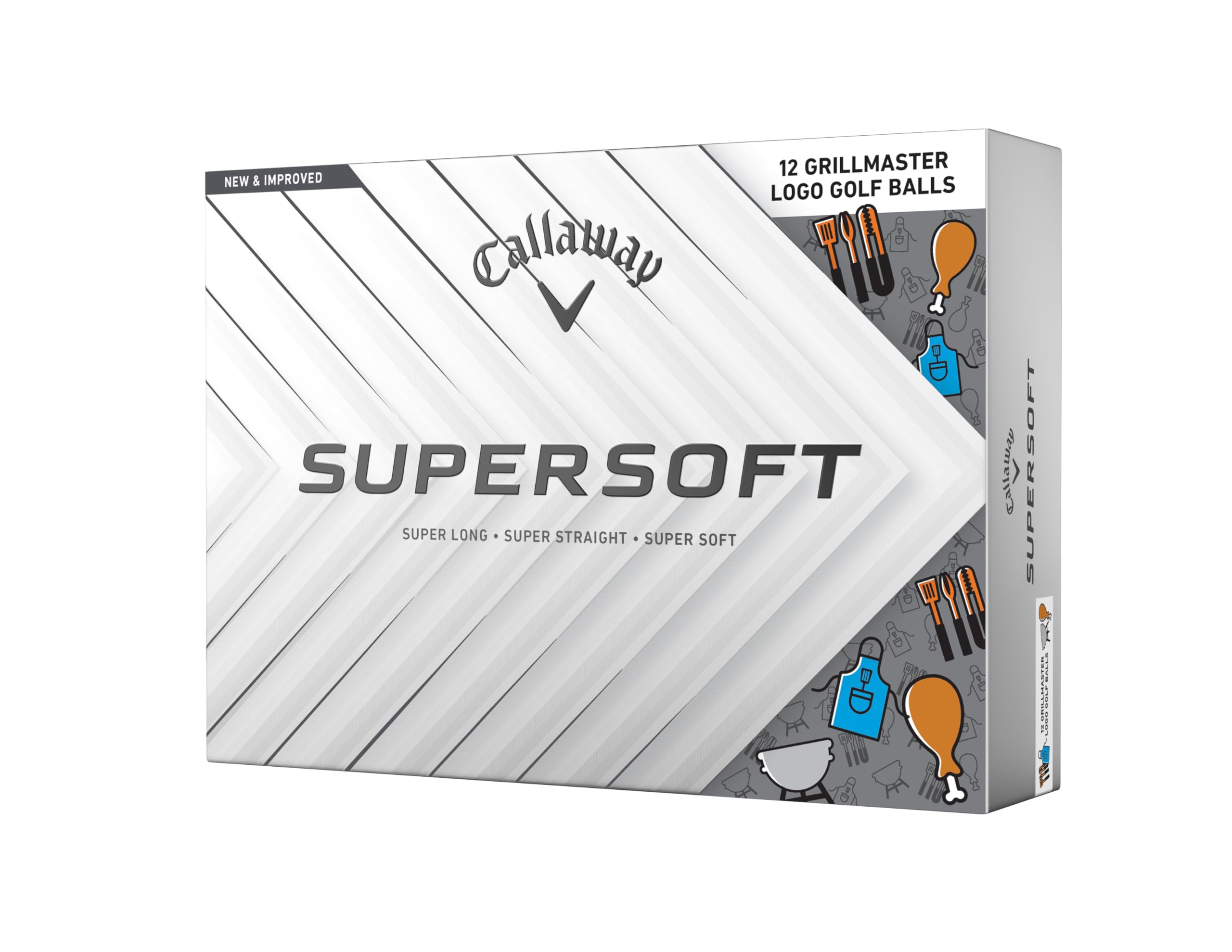 Close-up of Callaway Supersoft golf balls from 2025, featuring smooth white golf ball with branding and dimples.