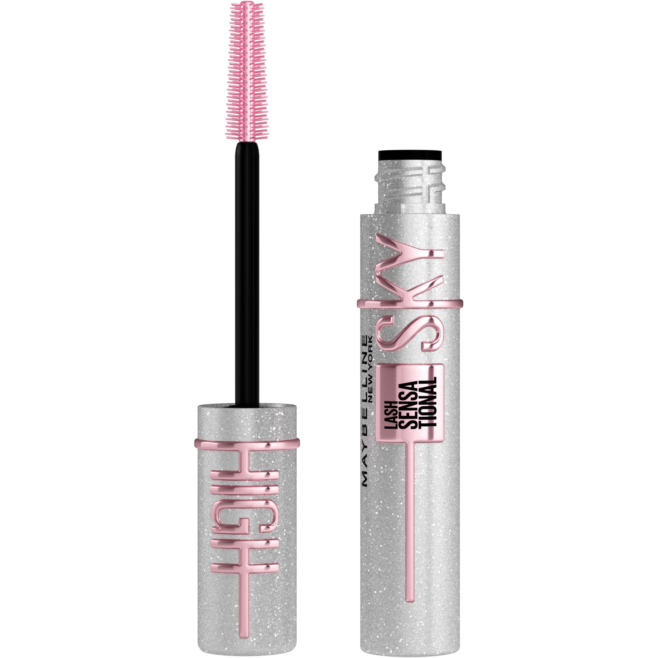 Maybelline Lash Sensational Sky High washable mascara showing volumizing, lengthening, and curling black mascara on a brush.