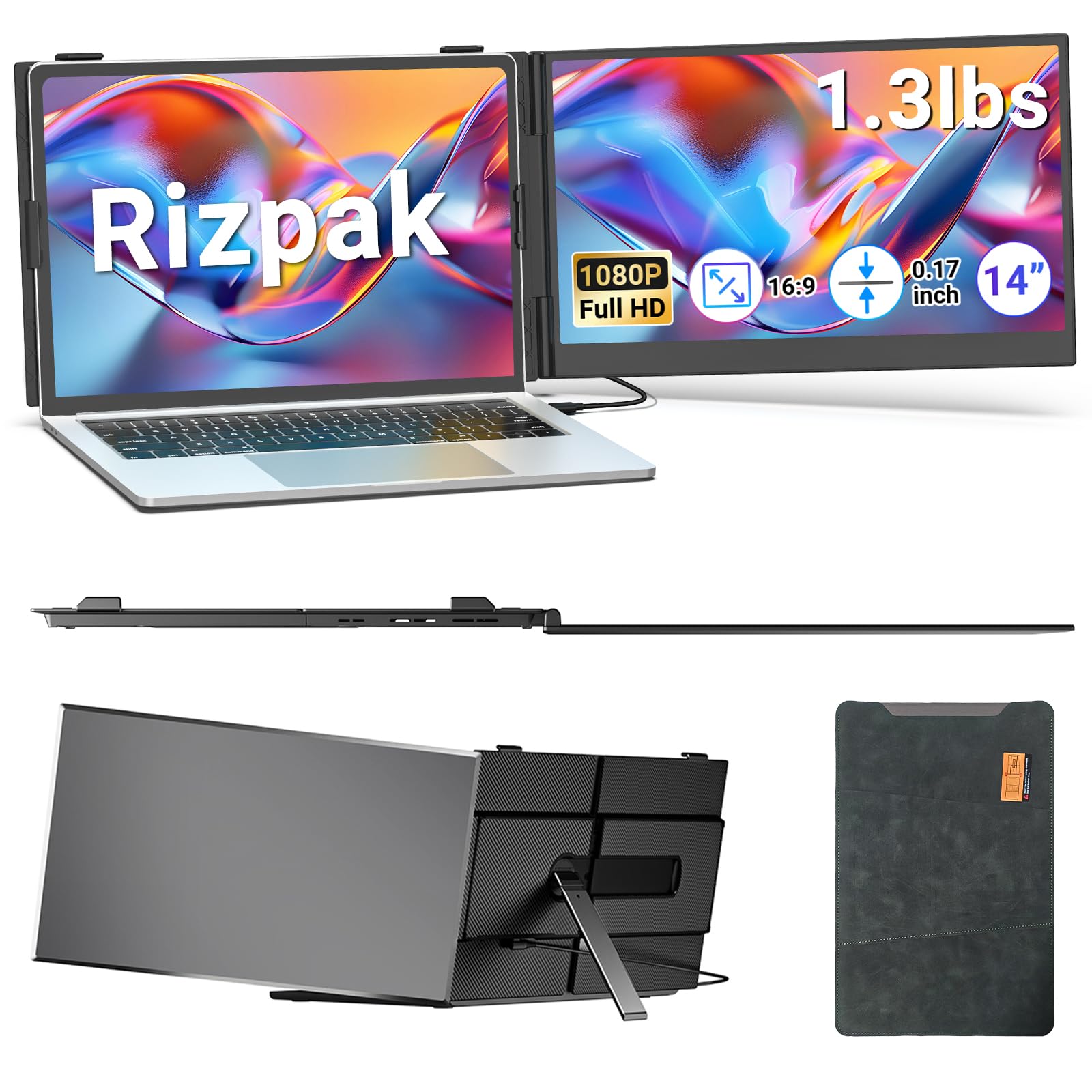 One Cable Laptop Screen Extender, 15.6” Ultra-Slim Triple Portable Monitor, 1080P FHD IPS Display, USB-C/USB-A Connection, Travel Monitor for 13–17.3" Laptops, MacOS/Windows/Android