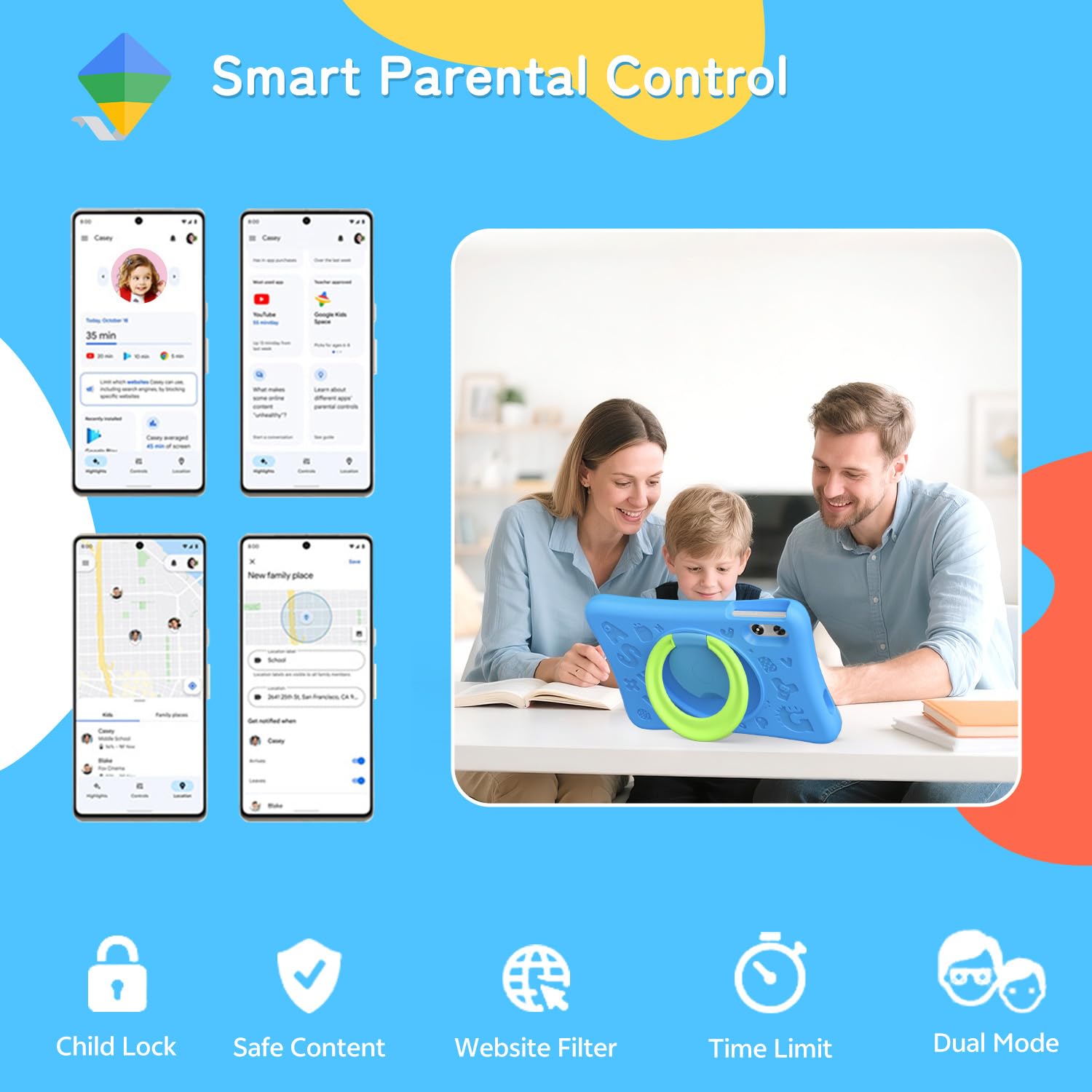 SVITOO Kids Tablet 10 Inch, Android Tablets Toddler Tablet with Parental Controls, 20GB Ram 32GB ROM 1TB Expandable, Dual Camera, 6000mah WiFi 6, Shockproof Eva Case Blue