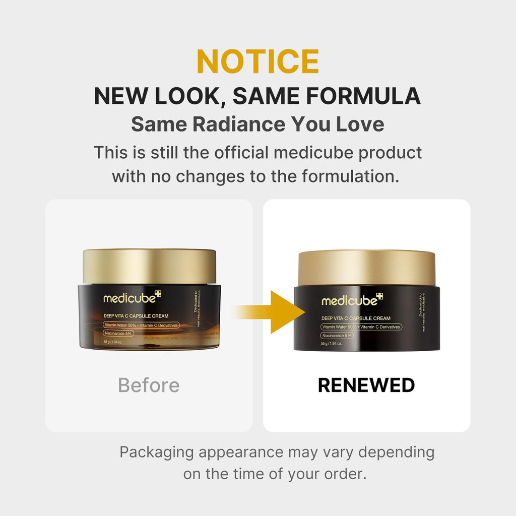 Old World Hub medicube Capsule Cream with Deep Vitamin C, golden liposome capsules for radiant, firm, and hydrated skin.