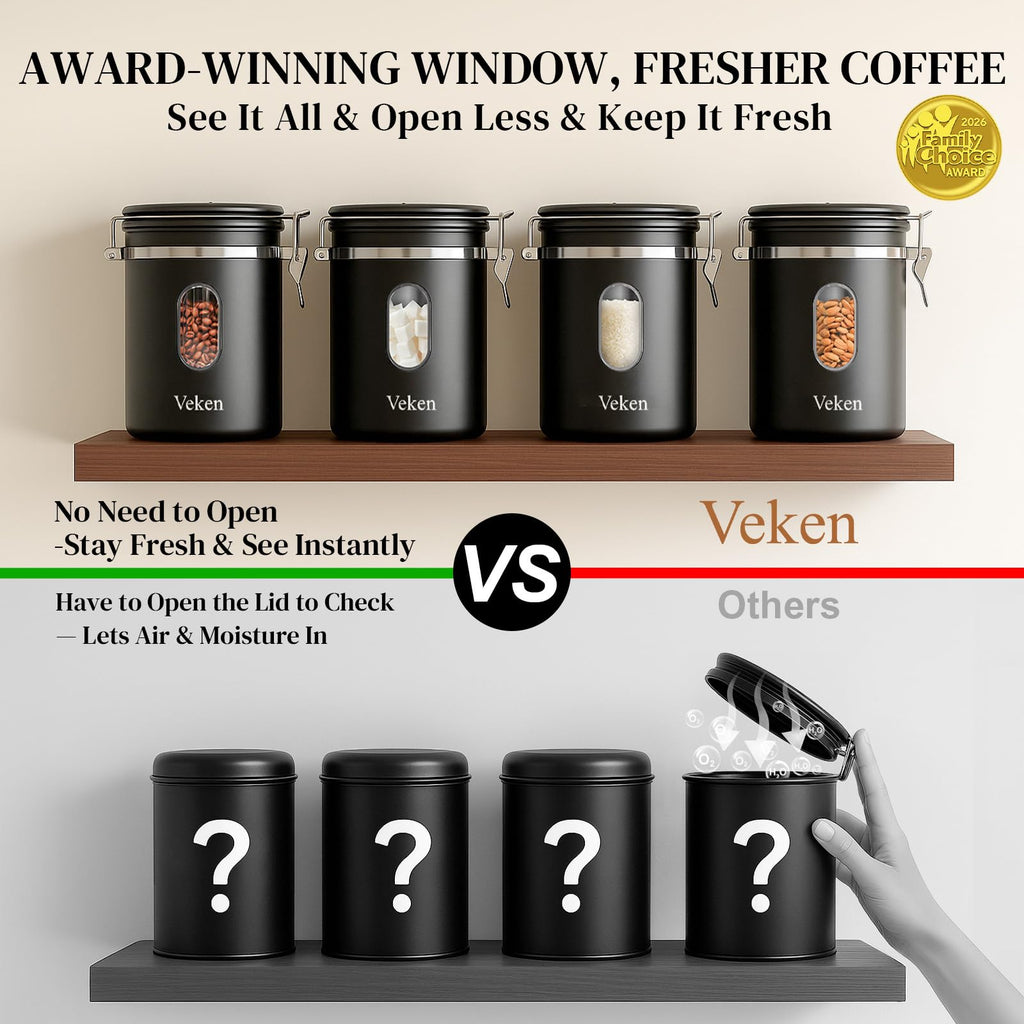 Old World Hub Veken black stainless steel coffee canister with window, airtight lid, for storing ground coffee, beans, tea, and cereal.