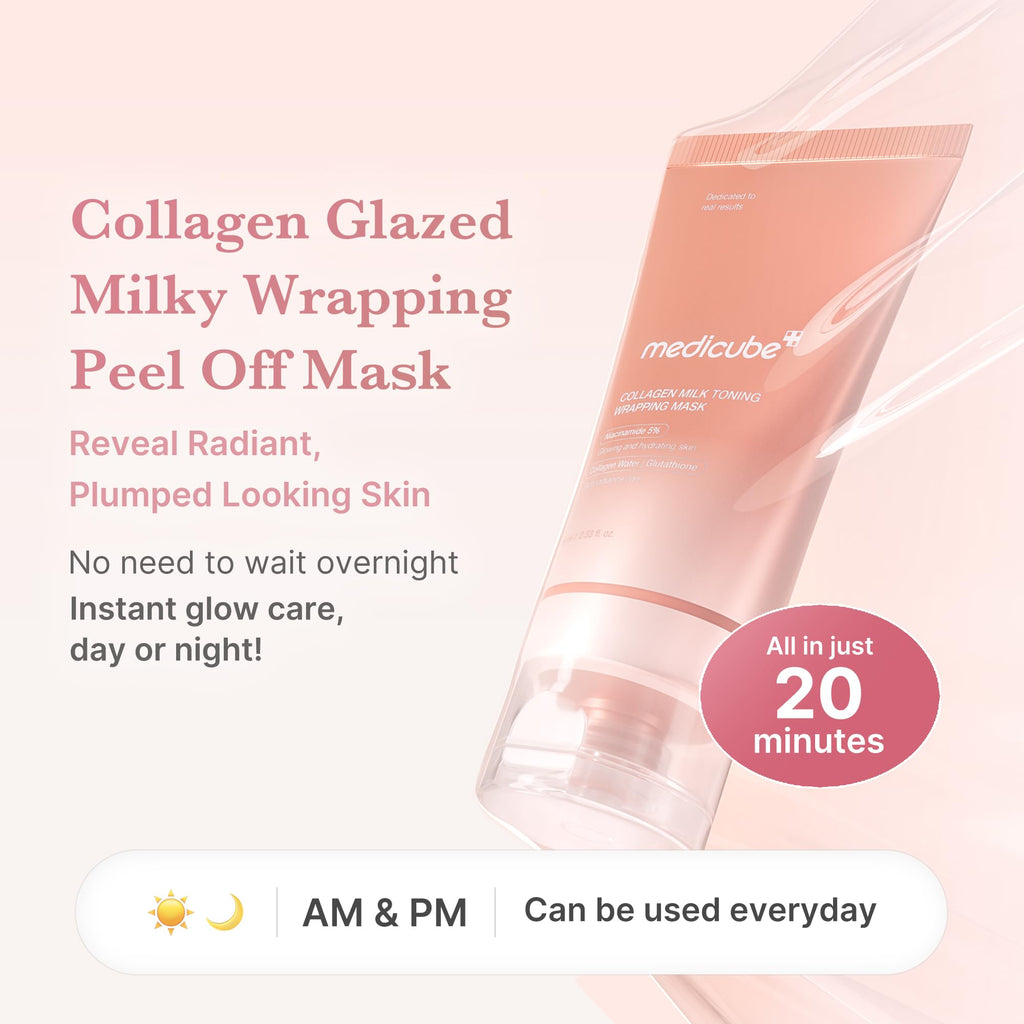Medicube Collagen Wrapping Mask for face, showing the peel-off mask with a smooth, hydrating formula for skin elasticity and glow.