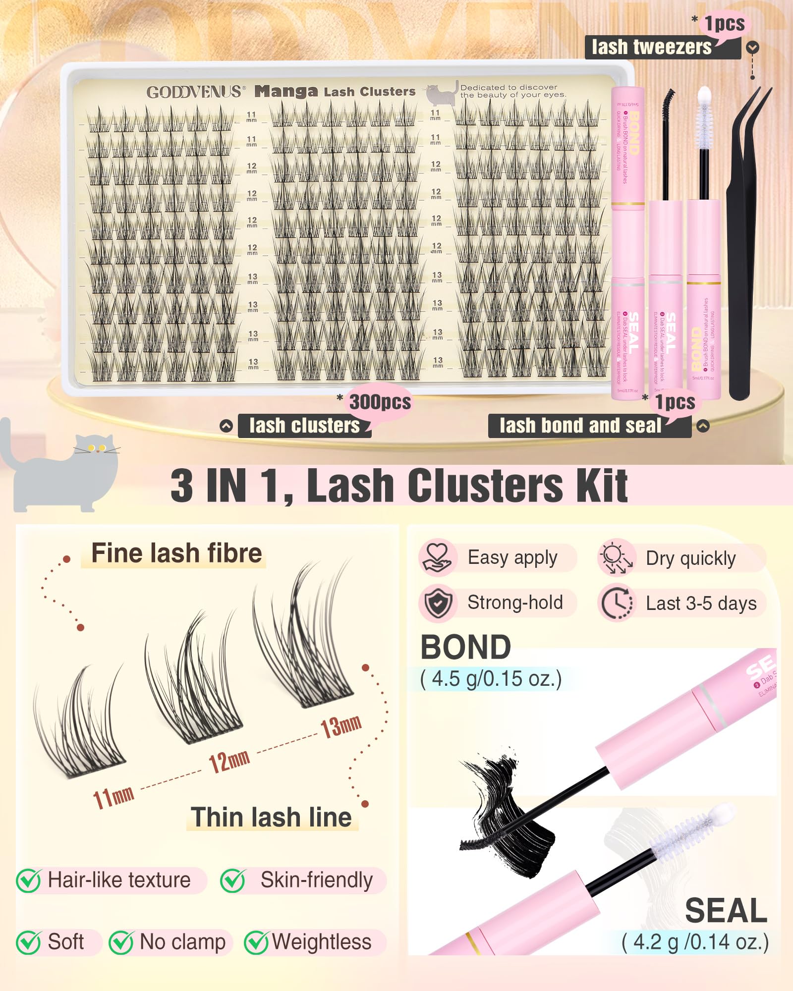 Old World Hub wispy lash clusters kit with 300 C curl, 10-16mm natural eyelash extensions for DIY lash extension application
