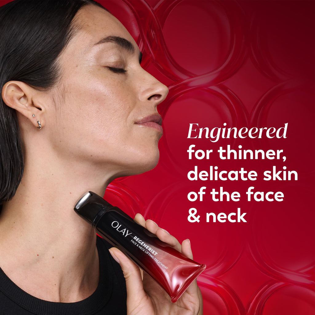Olay Regenerist neck and face roller with cooling, fragrance-free design, used for tightening, firming, and anti-aging skincare.