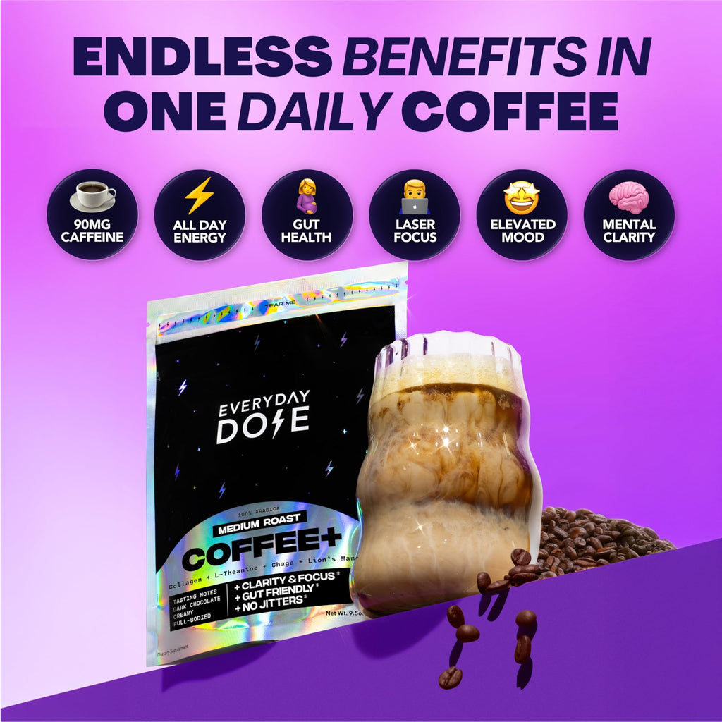 Old World Hub Everyday Dose mushroom coffee with grass-fed collagen, Chaga, Lion’s Mane, and L-Theanine in a scoop of powdered supplement.