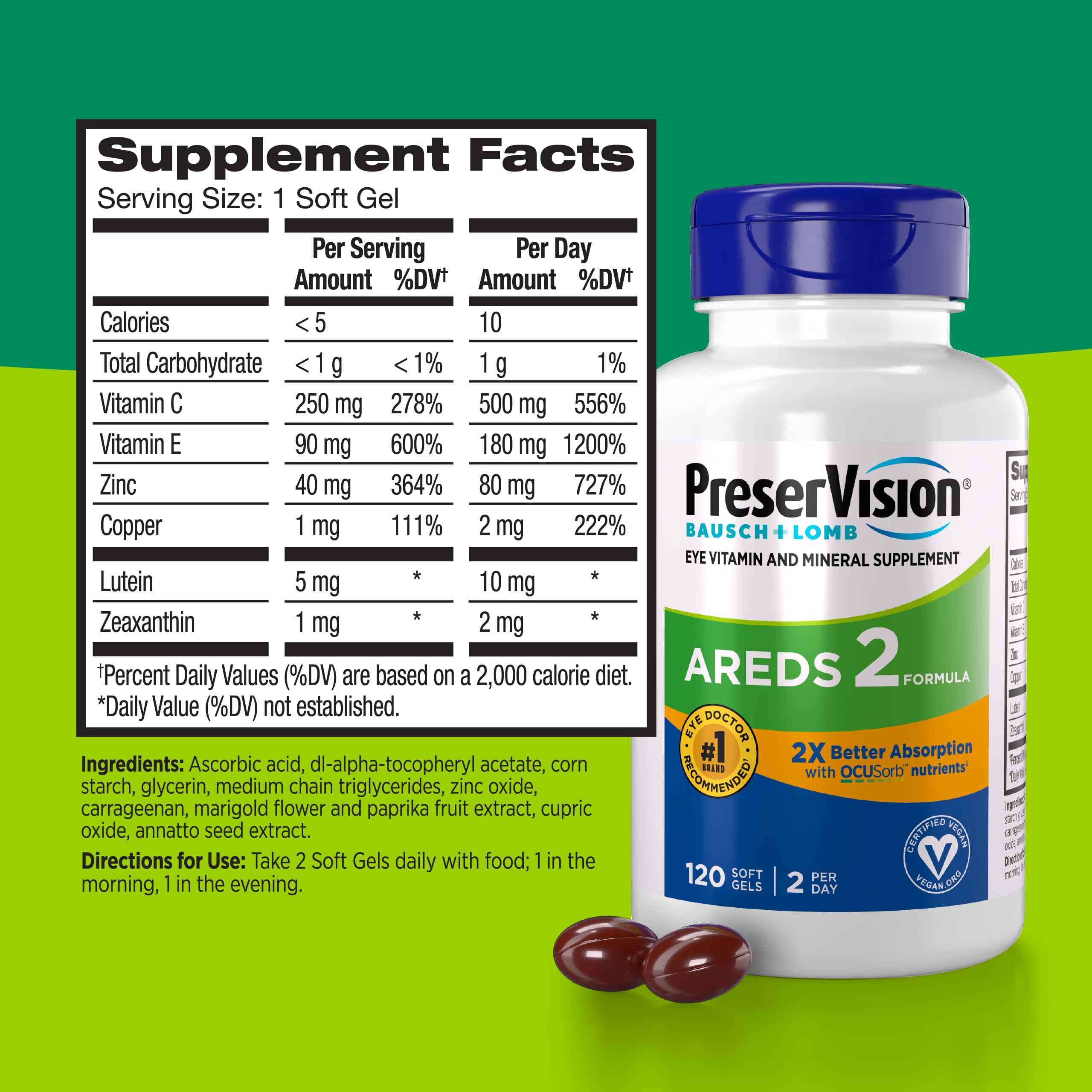 PreserVision AREDS 2 eye vitamins by Old World Hub showing 120 softgel bottles with lutein, zeaxanthin, vitamins C, E, zinc, and copper.
