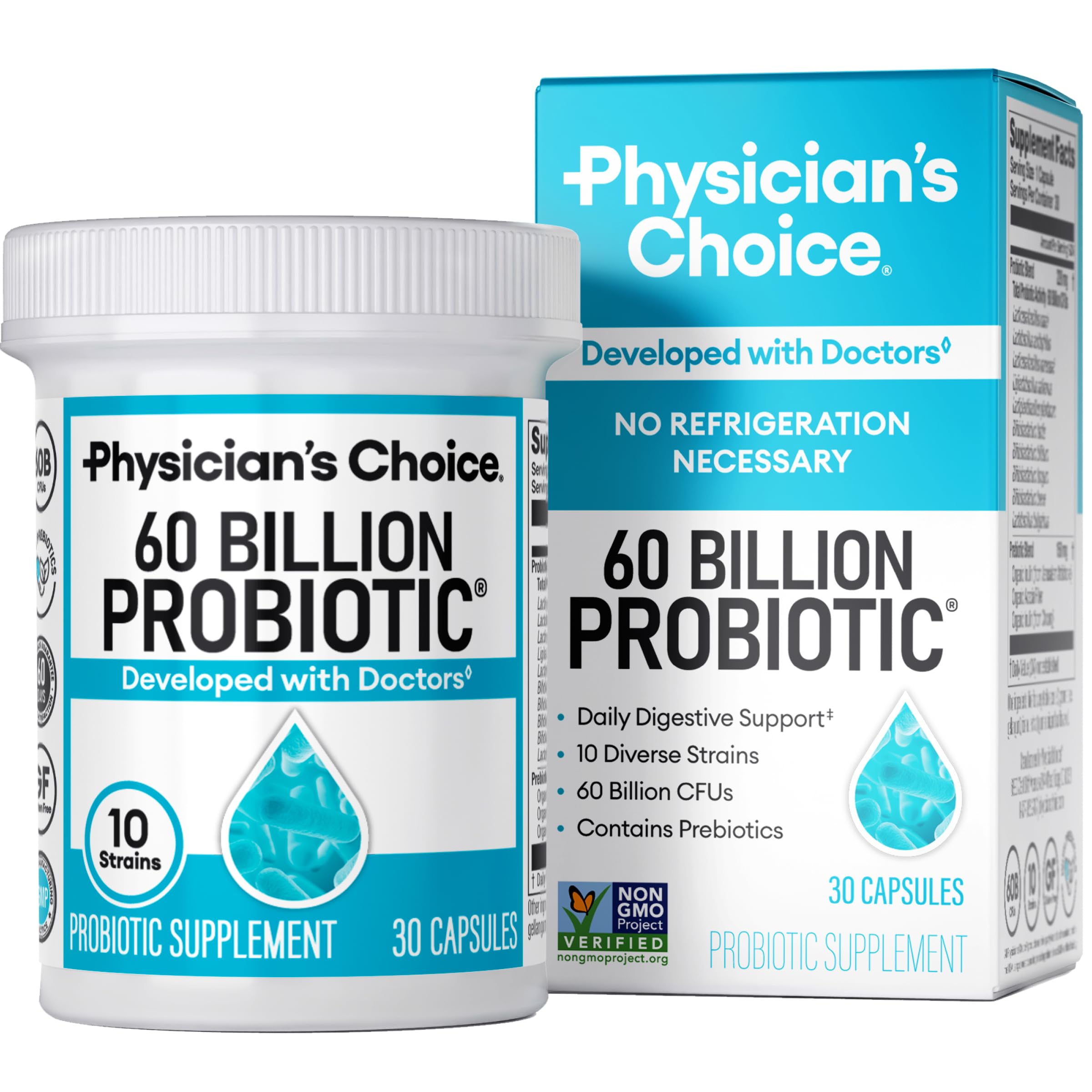 Physician's CHOICE Probiotics 60 Billion CFU with 10 strains and organic prebiotics, supporting digestive and gut health for women and men.